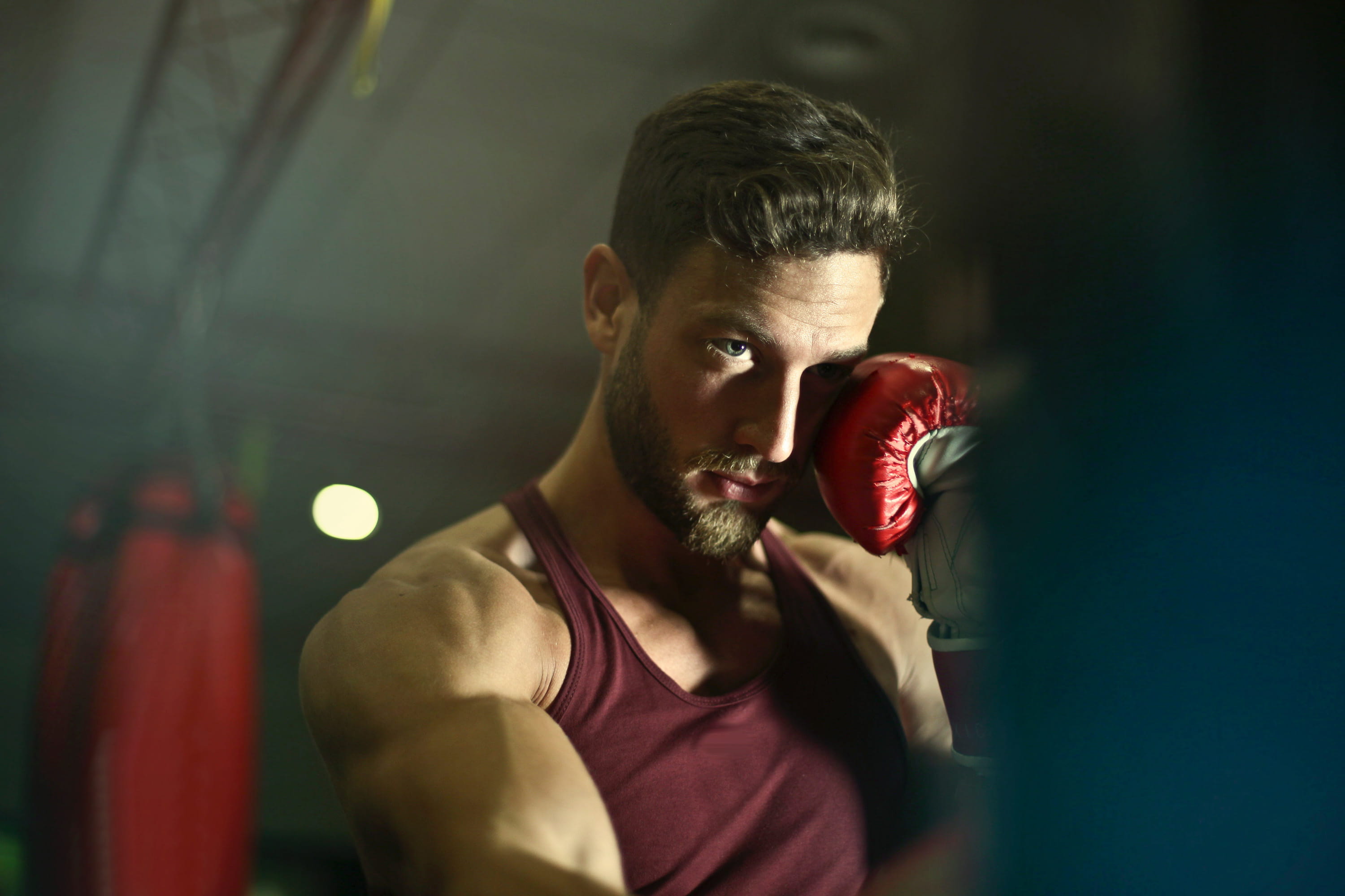 2K, sport, toned body, exercising, fist, fit, strength, aggression, bearded, caucasian, challenge, punch, beard, young men, determination, gloves, vest, HD Wallpaper