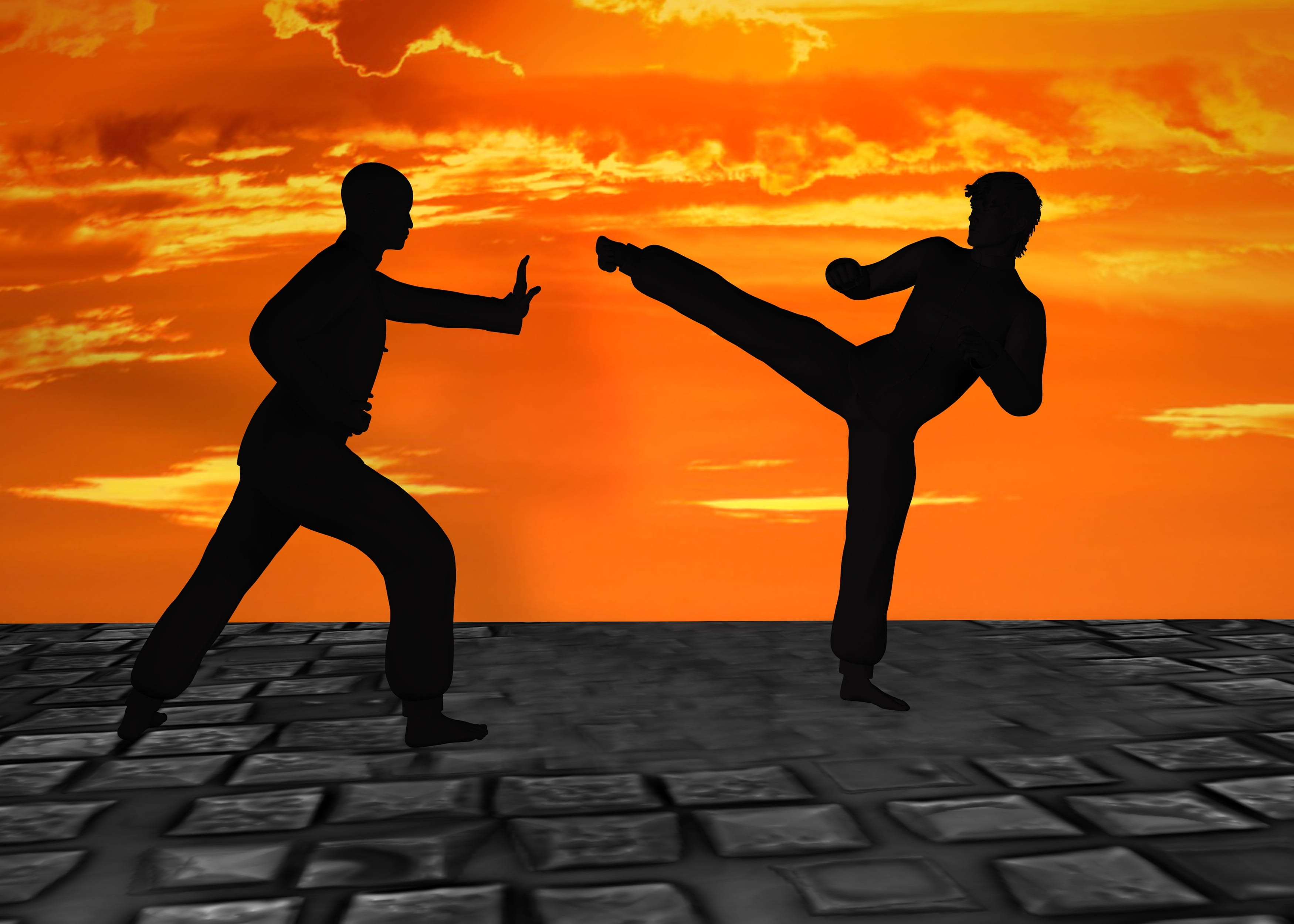 full length, two people, person, exercising, beauty in nature, orange color, adult, leisure activity, human limb, street fight, sky, shadow, arms raised, HD Wallpaper