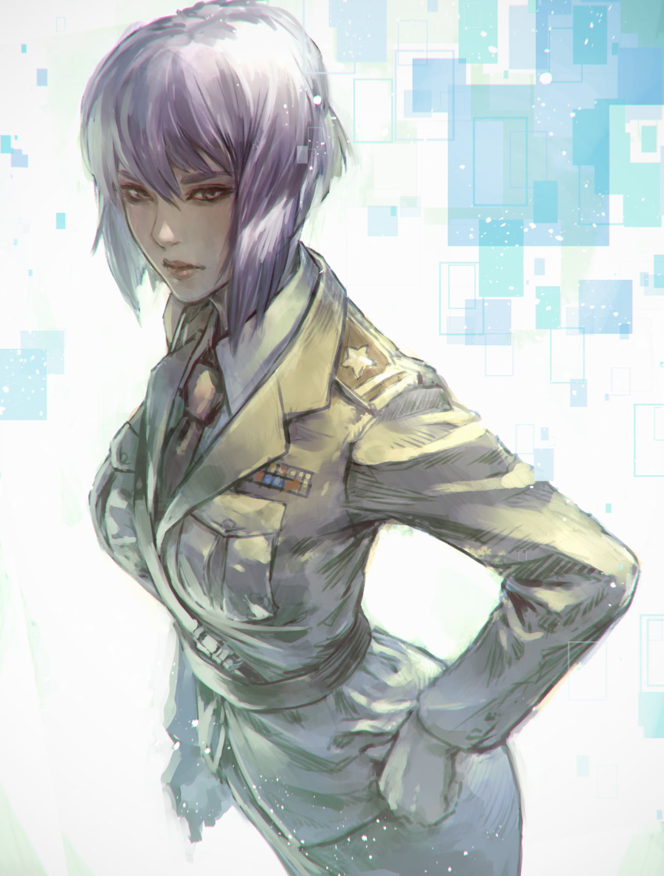 fan art, Military Uniform, anime girls, tie, looking at viewer, painting, Ghost in the Shell, purple hair, artwork, 720P, 2D, digital painting, Kusanagi Motoko, Phone HD Wallpaper