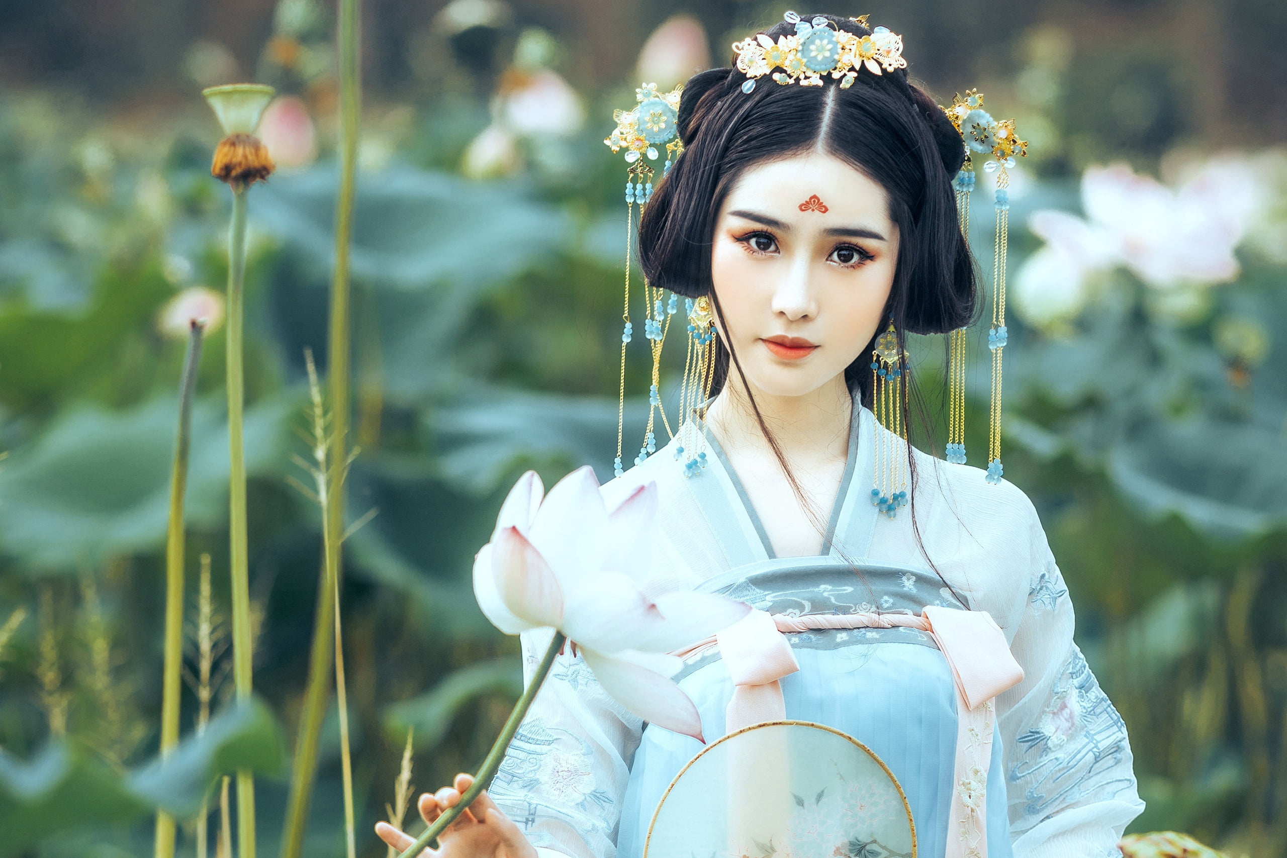 Brown Eyes, Girl, Asian, Black Hair, Woman, Kimono, Model, 2K, Women, Depth Of Field, Face, HD Wallpaper