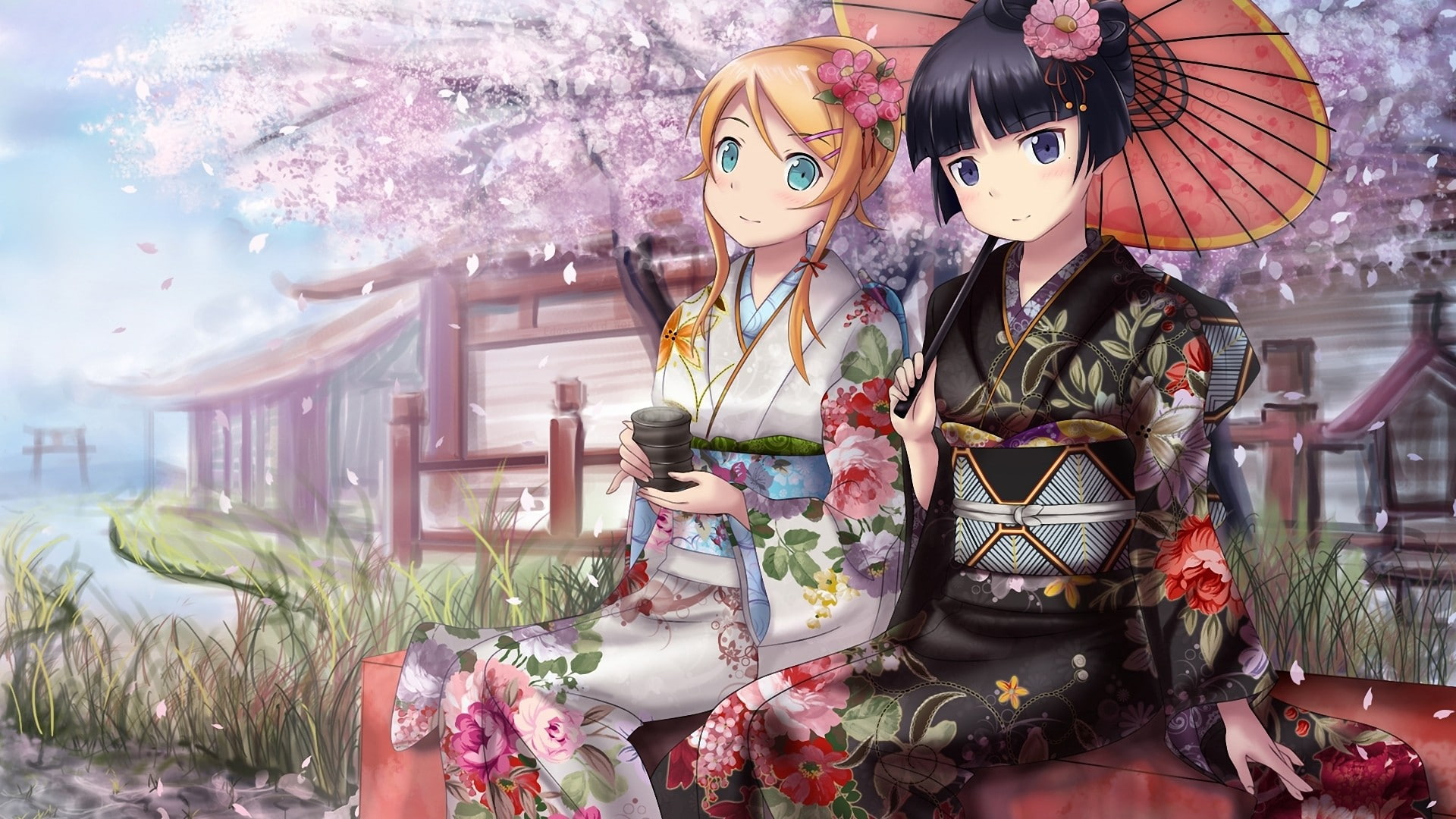 Ore no Imouto ga Konnani Kawaii Wake ga Nai, Gokō Ruri, Japanese clothes, blonde, cherry blossom, Gokou Ruri, Kousaka Kirino, short hair, black hair, kimono, HD Wallpaper