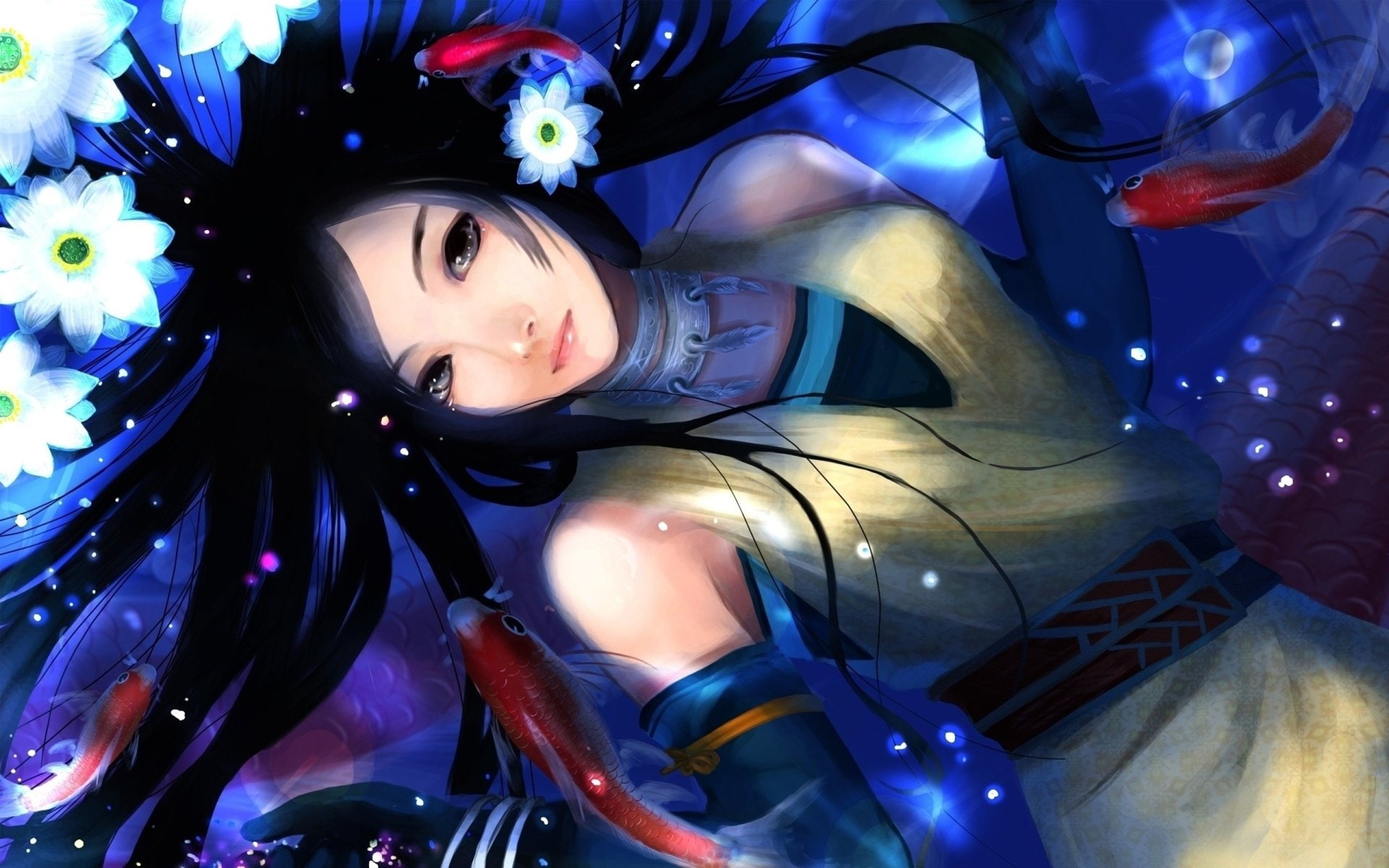 beautiful woman, Pond, Oriental, lifestyles, Lotus, Fish, front view, Asian, real people, young women, happiness, Koi, hair, Women, Girl, one person, hairstyle, HD Wallpaper