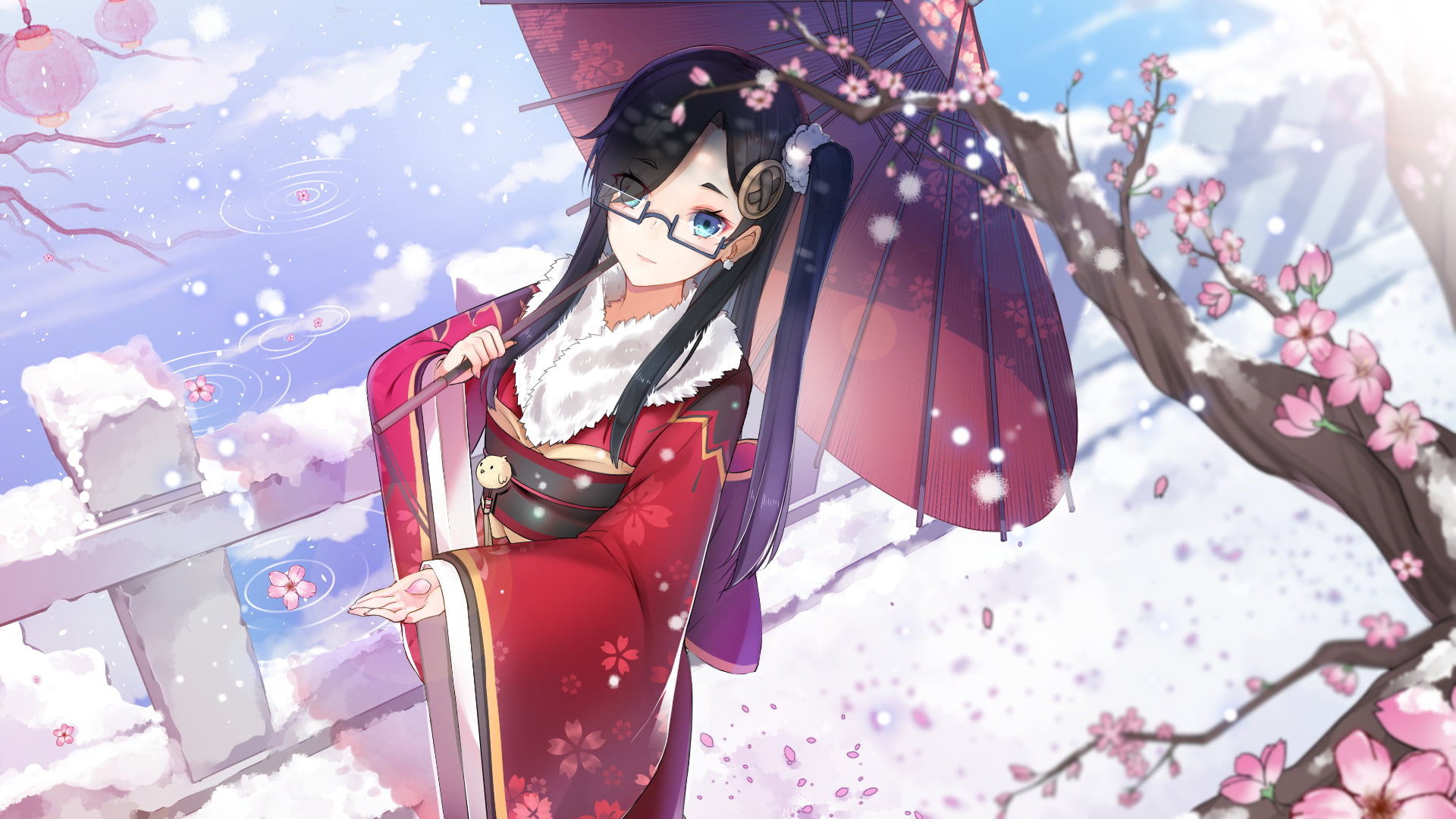 Aqua Eyes, Umbrella, Oriental, human representation, focus on foreground, Winter, clothing, nature, hanging, 1080P, Black Hair, Blossom, representation, HD Wallpaper
