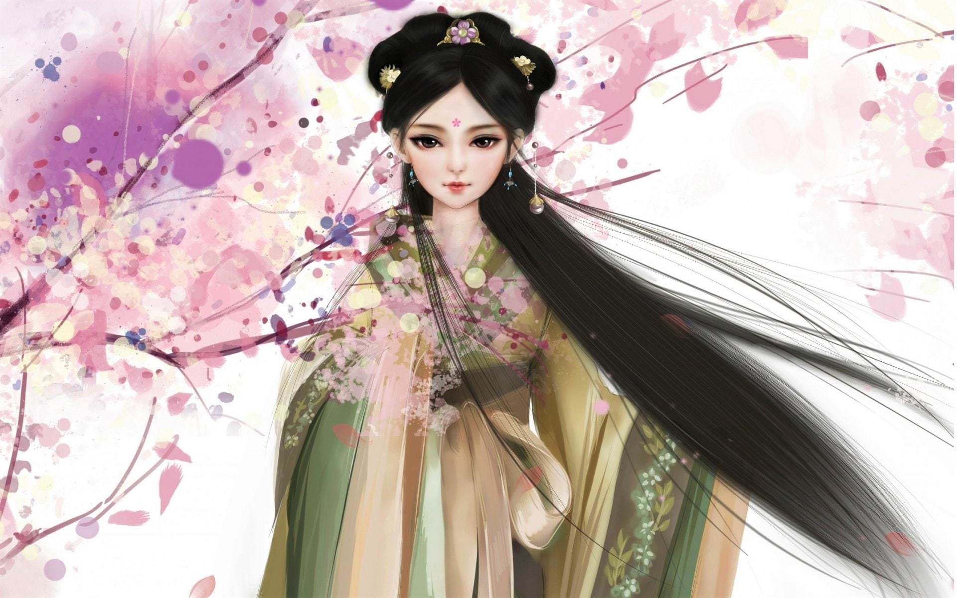 Kimono, Women, Asian, Geisha, Woman, Fantasy, 1080P, Black Hair, Long Hair, Leaf, Girl, Spring, HD Wallpaper