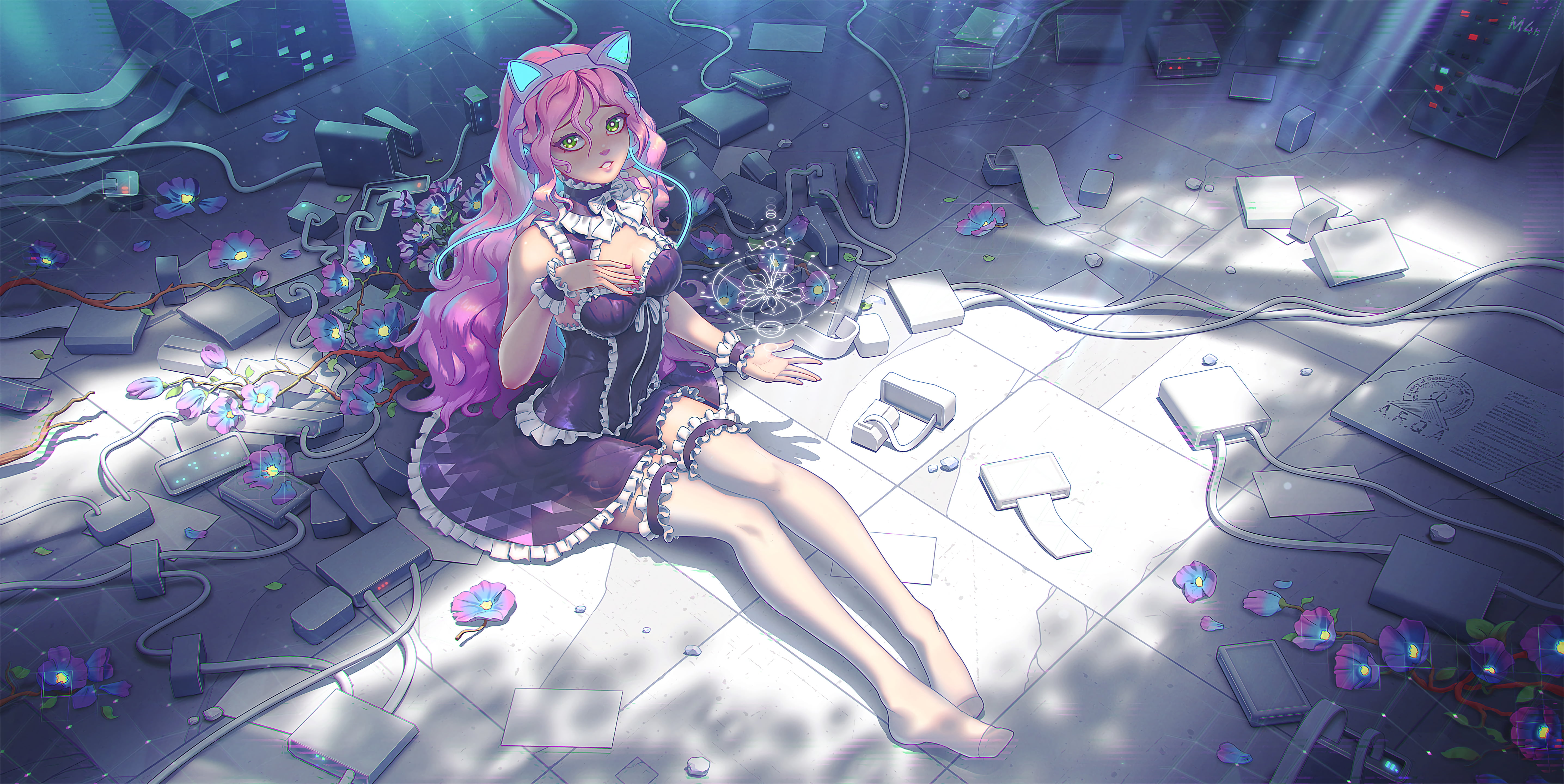 5K, anime, flowers, cat girl, cyber, cybergirl, HD Wallpaper