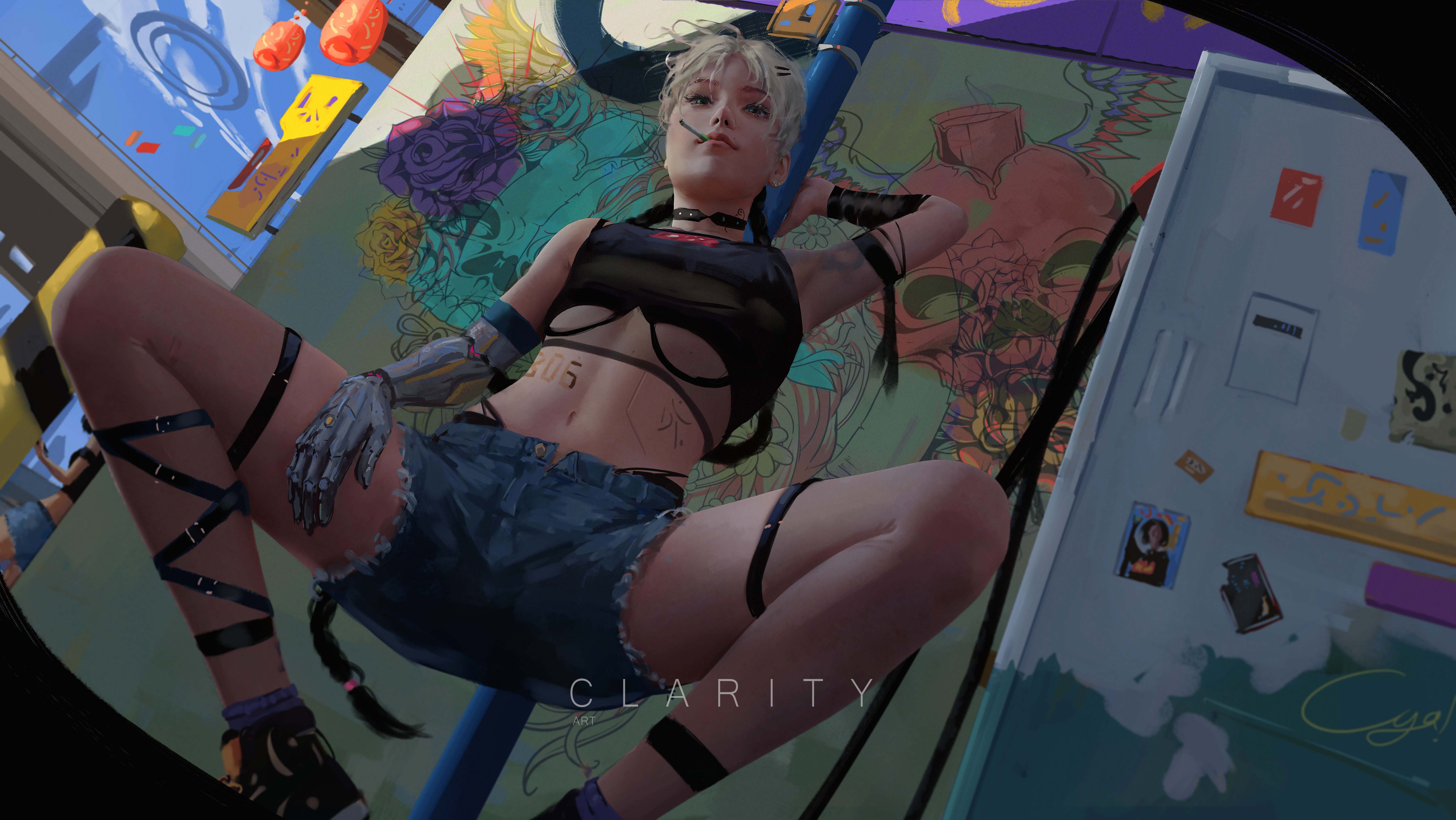 CLA RITY, original characters, futuristic, cyberpunk, cybergirl, digital art, jeans shirt, smoking, 8K, HD Wallpaper