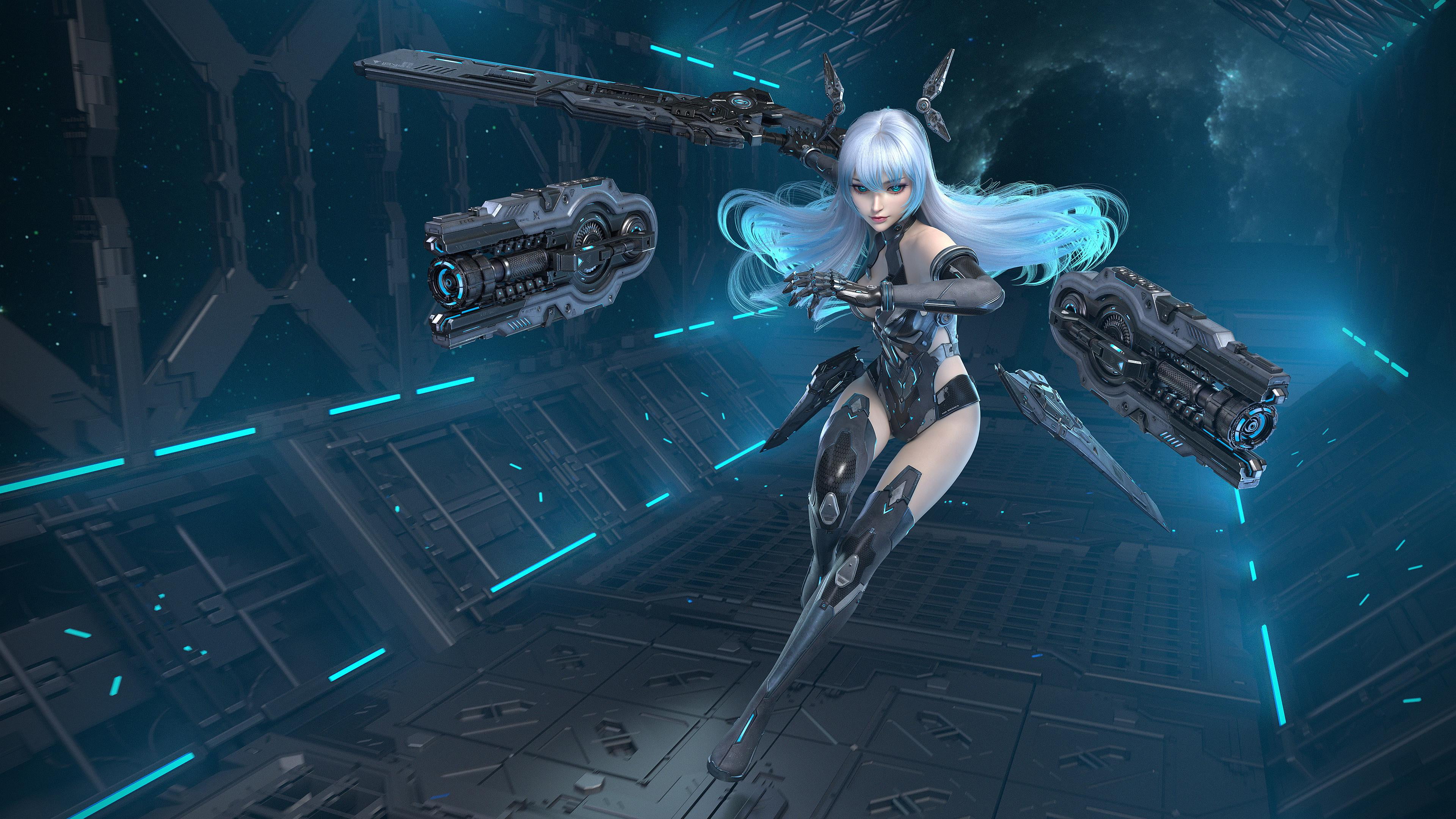 4K, space, cybergirl, gun, environment, 4K, HD Wallpaper