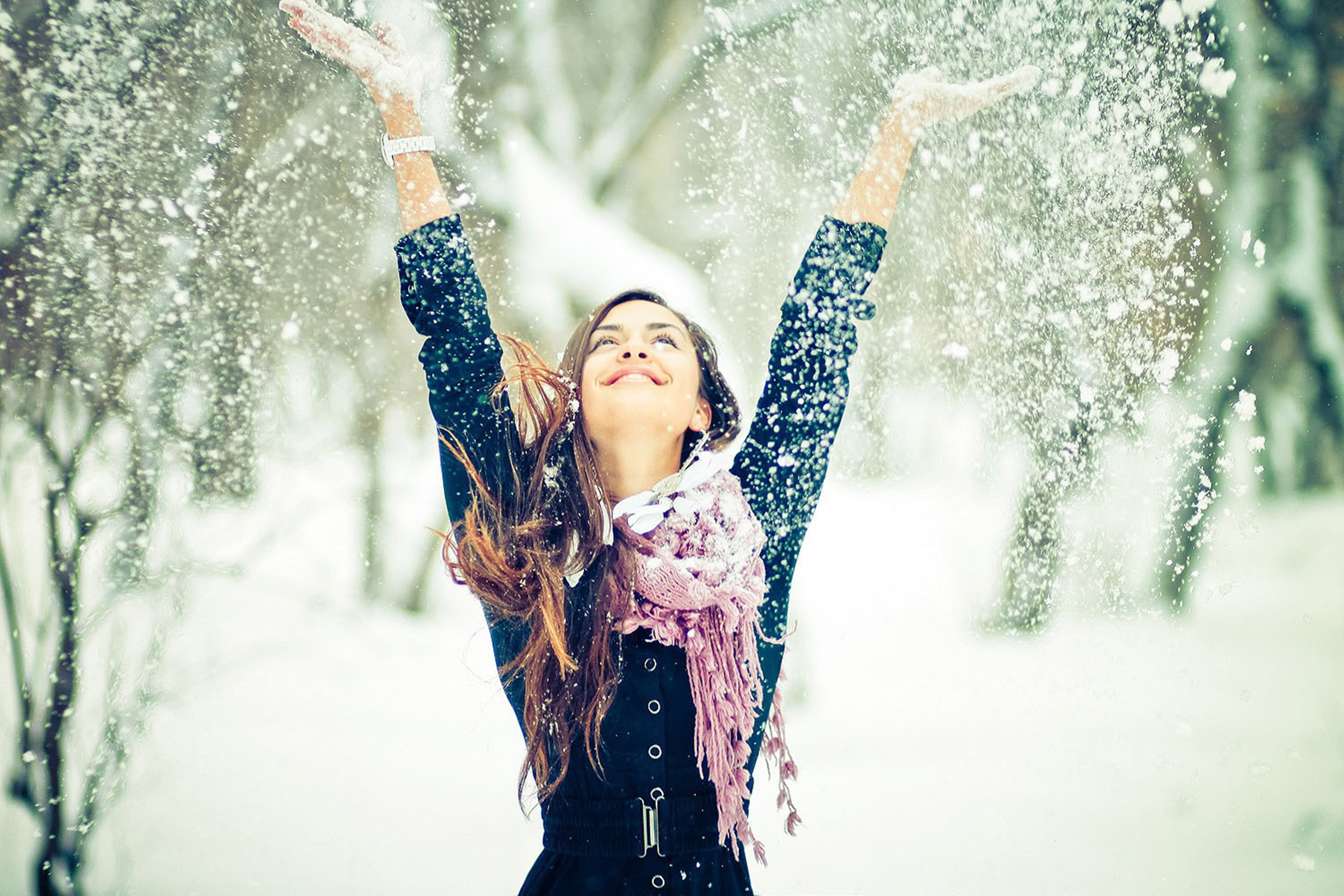 winter, beautiful woman, human limb, females, snowing, human arm, beauty, nature, snow, outdoors, positive Emotion, warm clothing, young Women, tree, happiness, HD Wallpaper