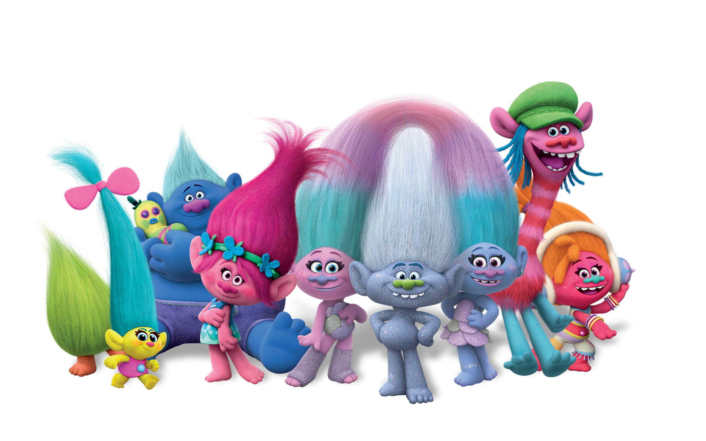 large group of objects, art and craft, cut out, animation, toy, dreamworks, trolls, green color, human representation, white background, characters, multi colored, HD Wallpaper