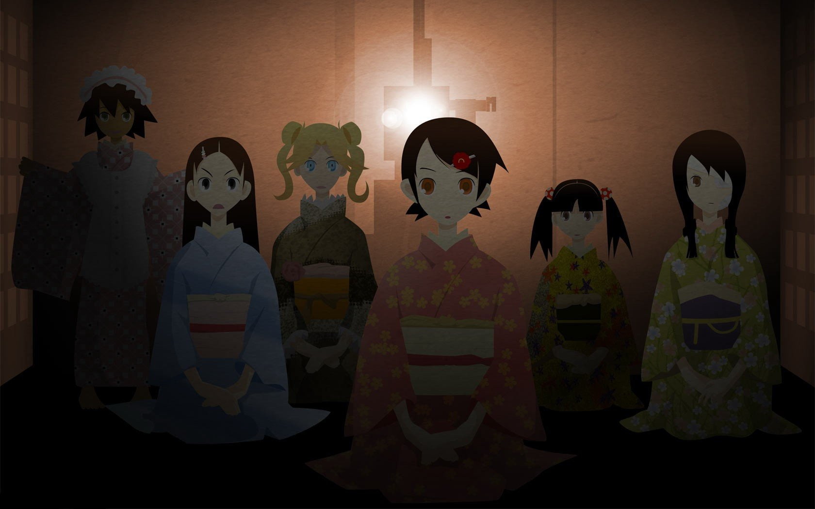 indoors, zetsubou, blue, sayonara, long, black, red, pink, girls, kimono, blondes, fuura, eyepatch, lights, kafuka, sensei, twintails, anime, dress, room, HD Wallpaper