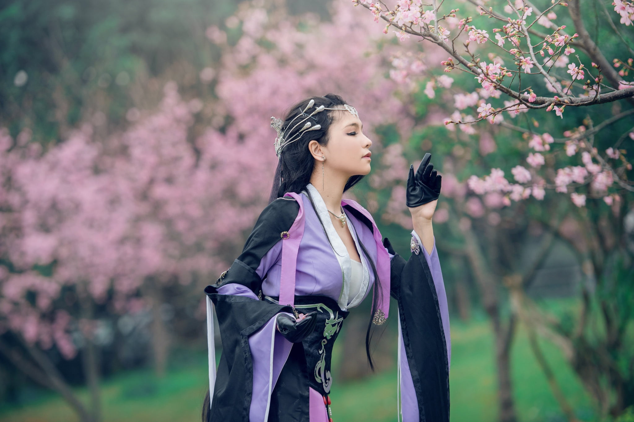 bokeh, walk, look, portrait, flowering, kimono, hairstyle, face, garden, pink, hands, style, gloves, cherry, flowers, brunette, pose, lilac, purple, girl, HD Wallpaper