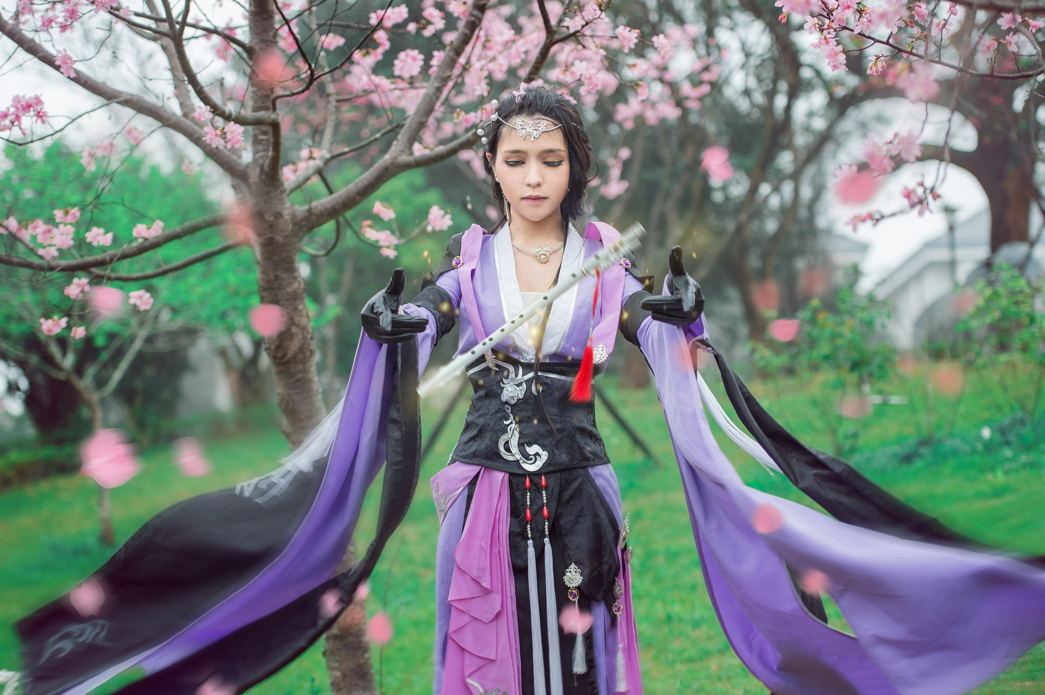 hands, image, outfit, 1080P, decoration, pose, face, greens, branches, Sakura, purple, fabric, flowers, brunette, musical instrument, flowering, gloves, HD Wallpaper