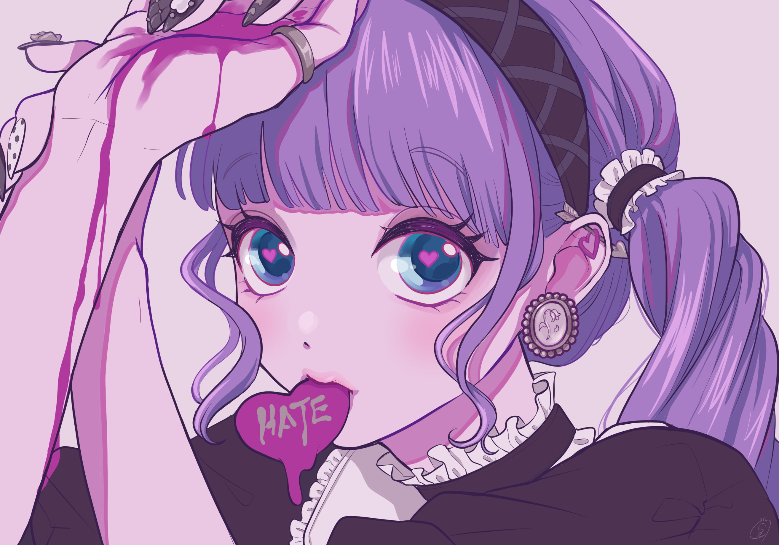 blood, piercing, anime, Yami kawaii, black nails, scrunchy, purple hair, looking at viewer, rings, maid outfit, long nails, blue eyes, white background, HD Wallpaper