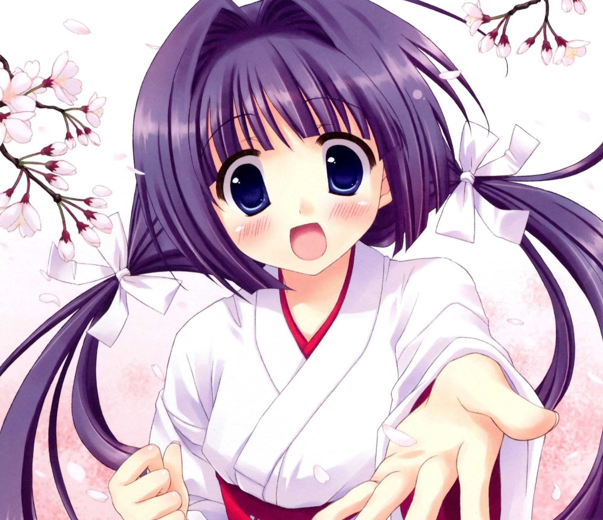 Purple Hair, Original, Blue Eyes, 1080P, Miko Outfit, Cherry Blossom, Anime, HD Wallpaper