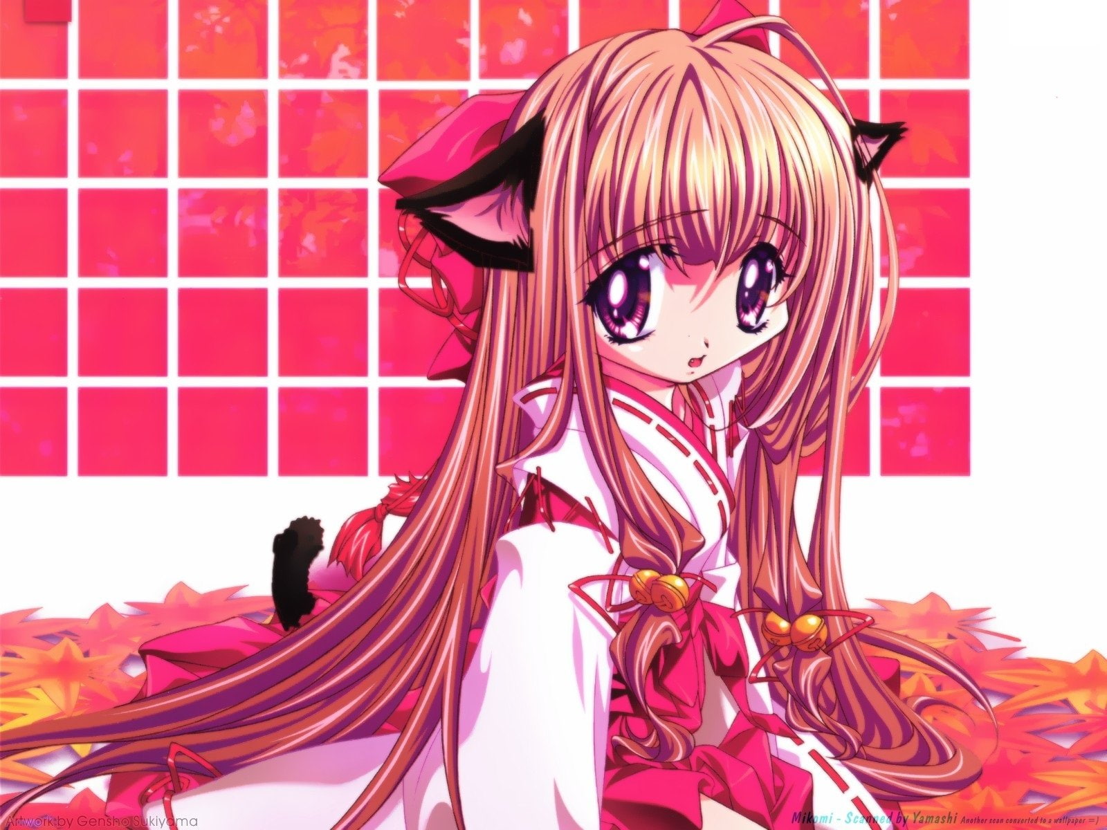 Bell, 720P, Purple Eyes, Leaf, Original, Nekogirl, Brown Hair, Anime, Long Hair, Miko Outfit, Tail, HD Wallpaper