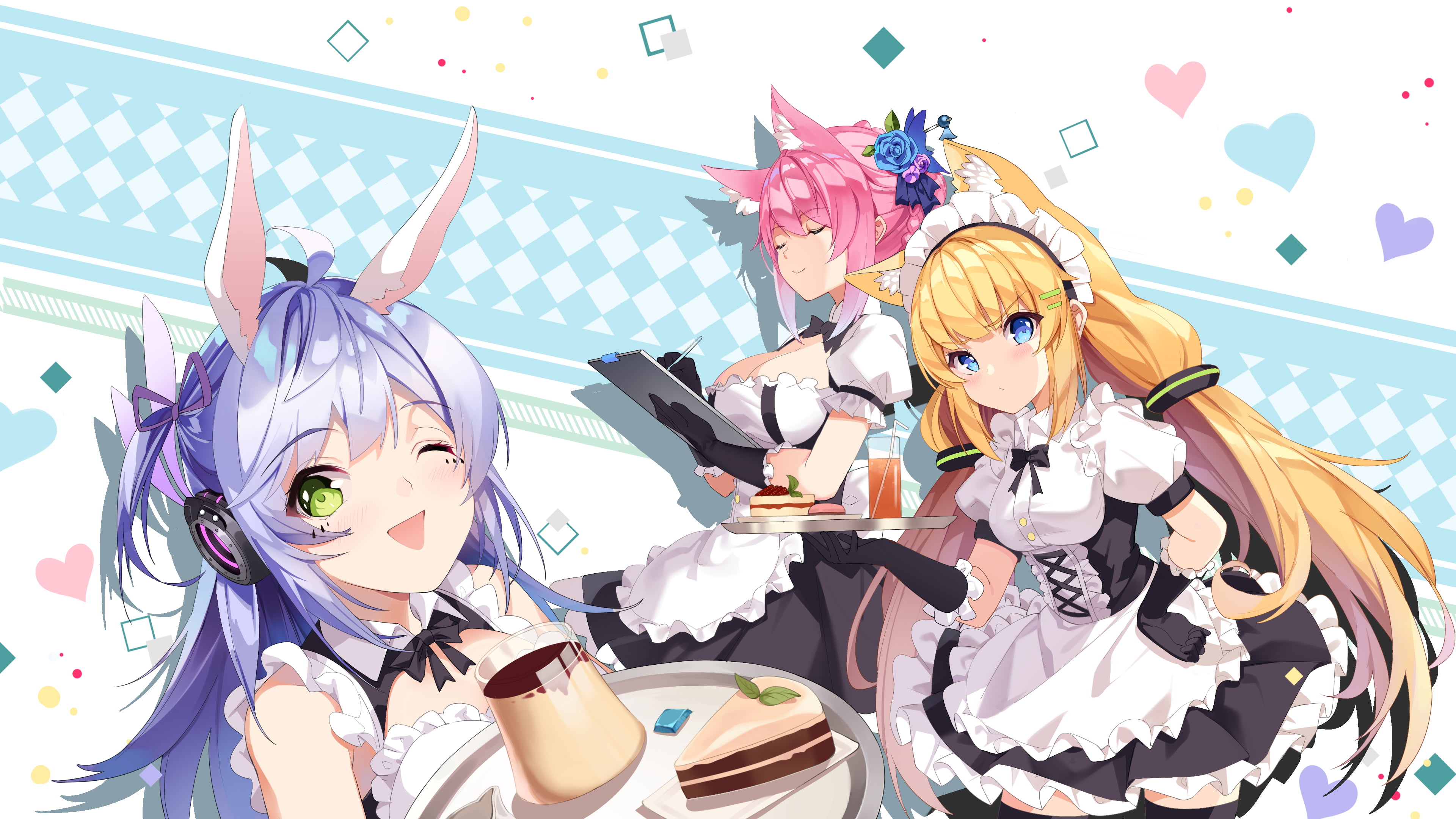 anime girls, blonde, smiling, 4K, maid outfit, pink hair, long hair, purple hair, blue eyes, animal ears, nekomimi, green eyes, headphones, hair ornament, HD Wallpaper