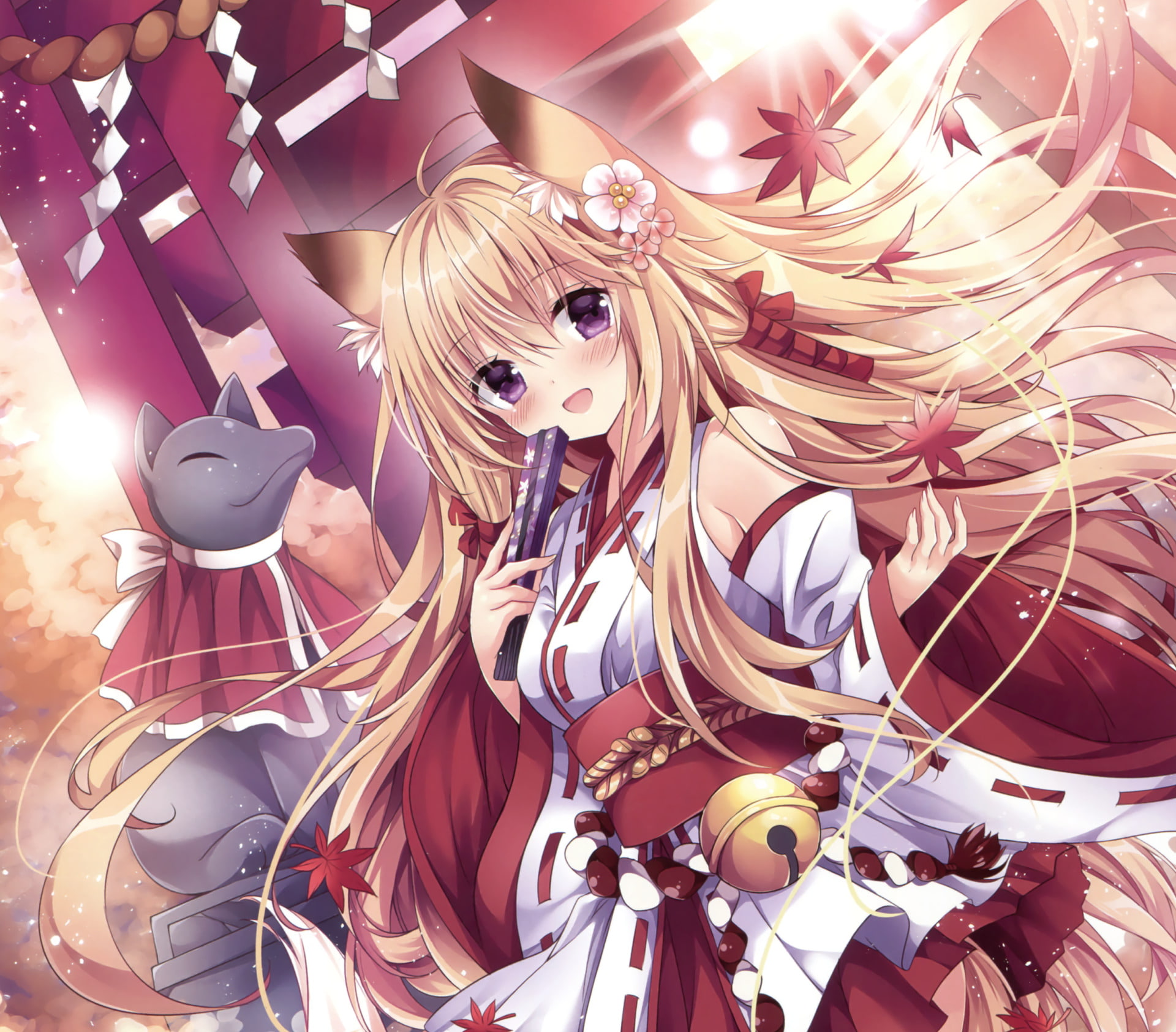 1080P, Original, Flower, Fan, Miko Outfit, Anime, Purple Eyes, Long Hair, Blonde, Smile, HD Wallpaper