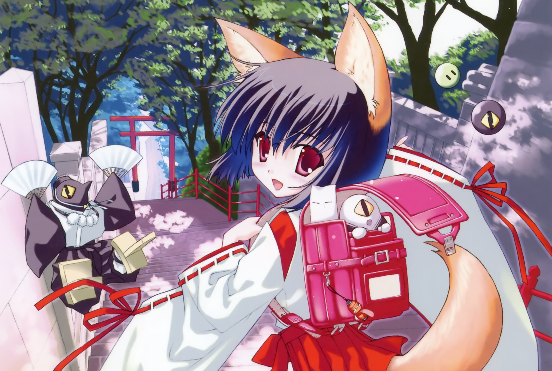 Short Hair, Red Eyes, Bag, Miko Outfit, Anime, Purple Hair, 1080P, Smile, Tail, Original, HD Wallpaper