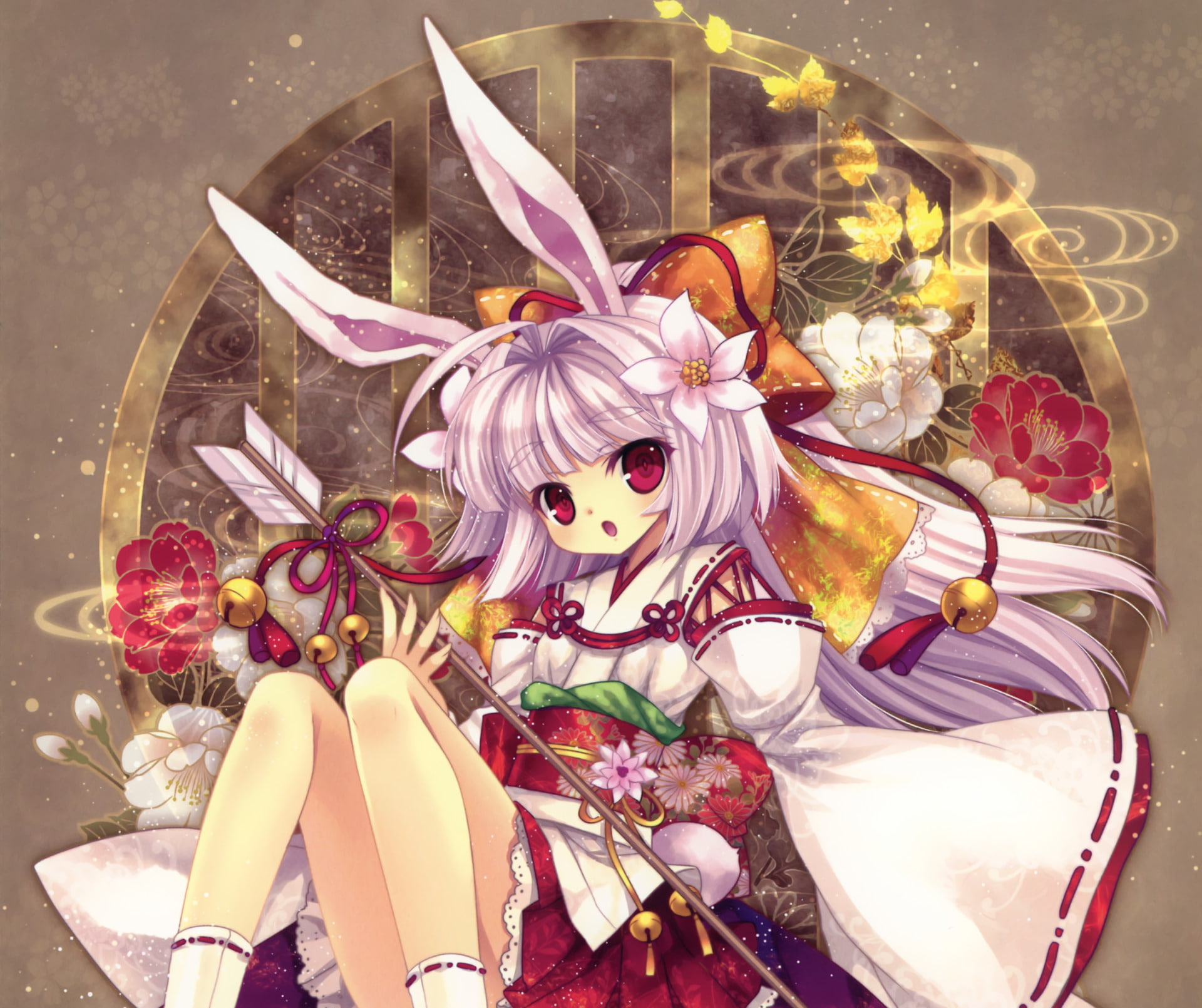 Bunny Ears, Arrow, Red Eyes, Miko Outfit, Bell, 1080P, Flower, Purple Hair, Anime, bow (Clothing), Original, Long Hair, HD Wallpaper