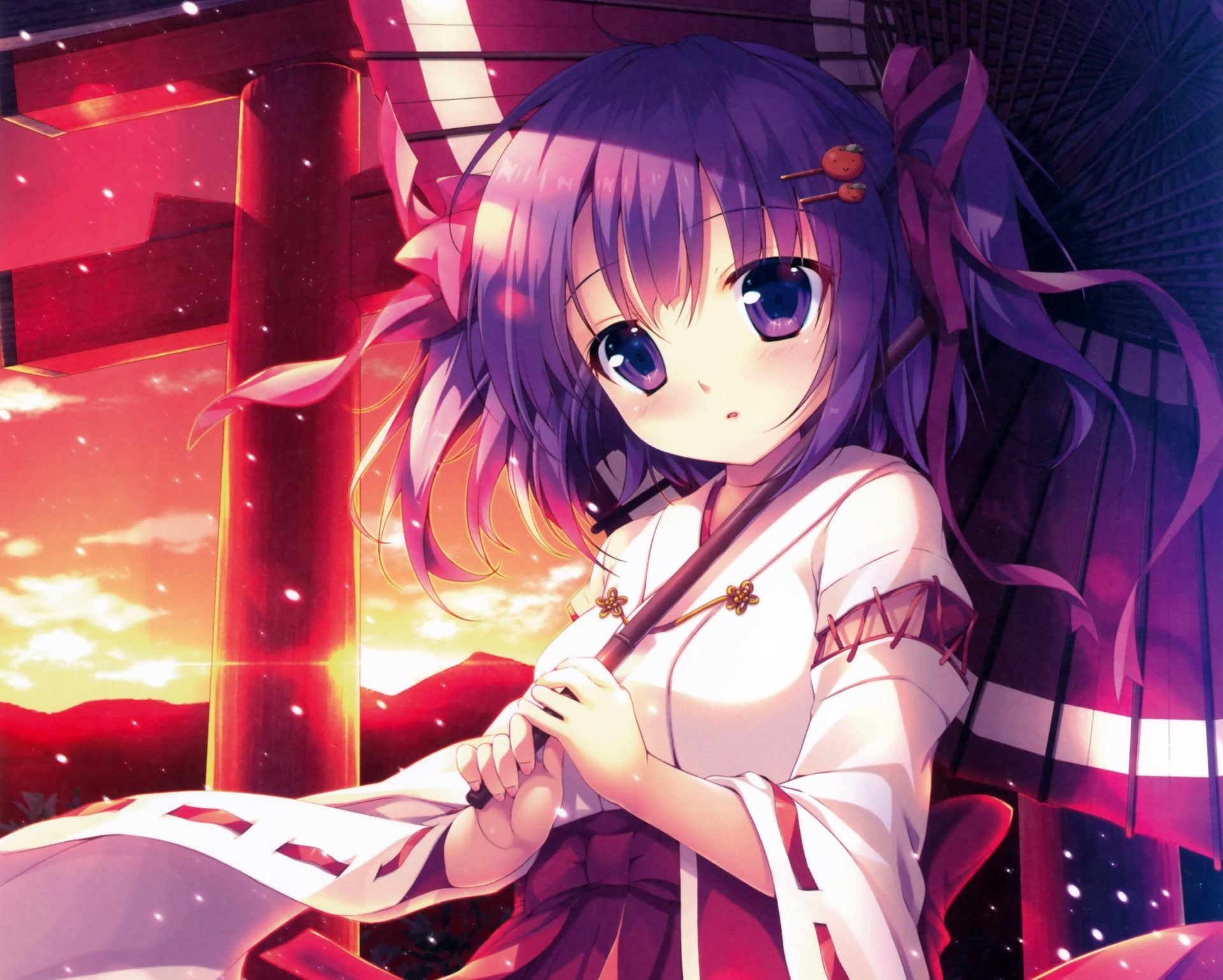Twintails, Snow, Purple Hair, Original, Blush, Anime, Miko Outfit, 1080P, Purple Eyes, Short Hair, Parasol, bow (Clothing), HD Wallpaper