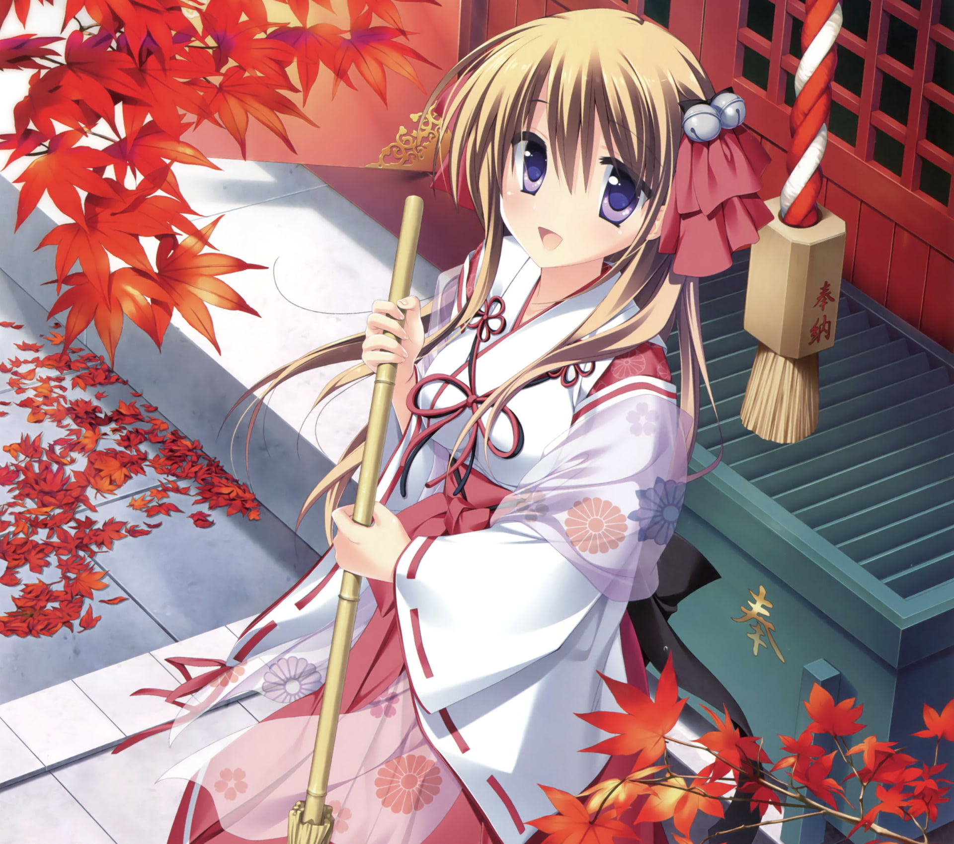 Long Hair, 1080P, Brown Hair, Original, Anime, Smile, Twintails, Purple Eyes, Miko Outfit, HD Wallpaper
