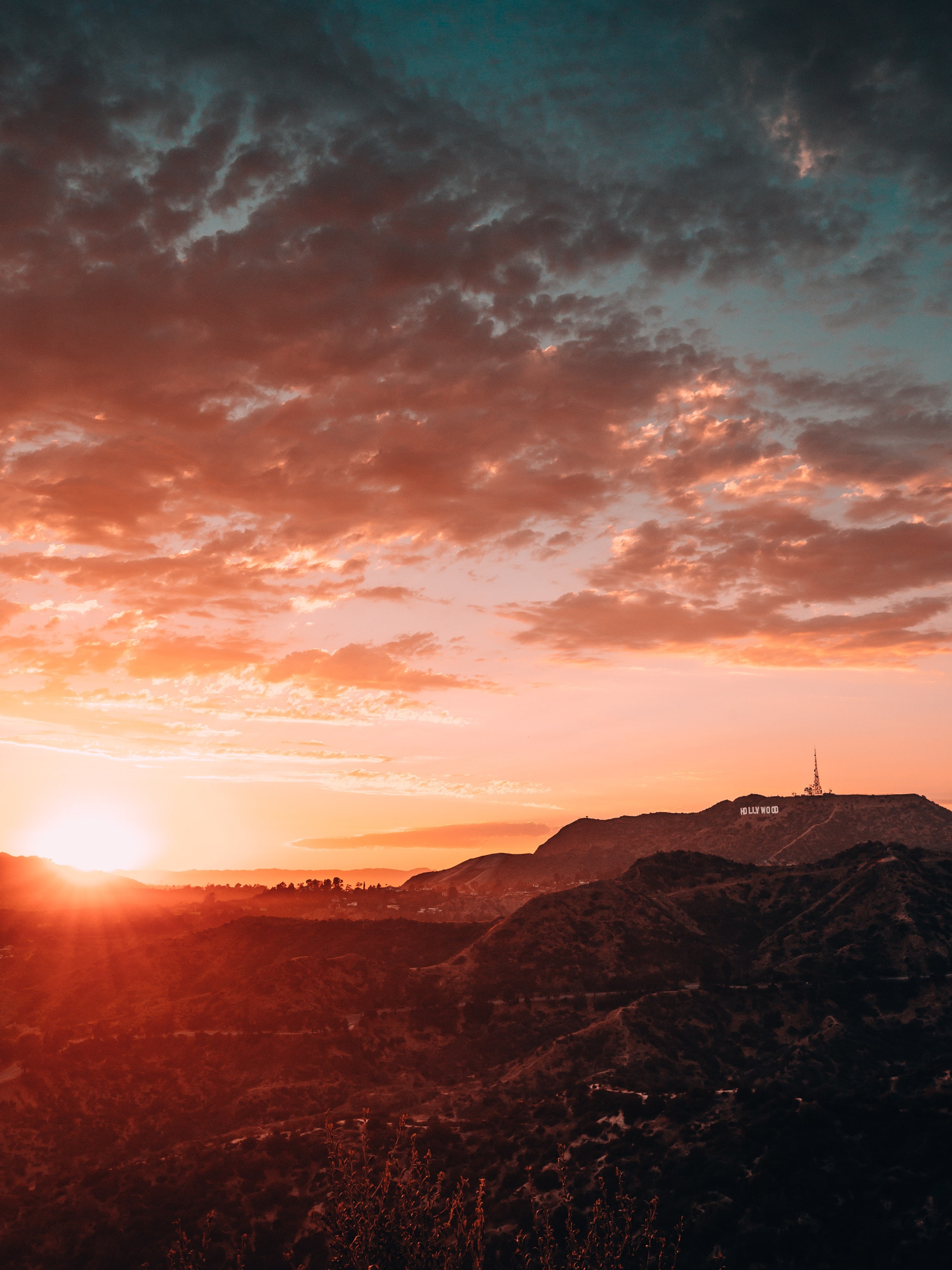 nature, sunset, scenics - nature, outdoors, lens flare, tranquility, cityscape, idyllic, bright, sunrise, Hollywood, landscape, dramatic sky, Los Angeles, Phone HD Wallpaper