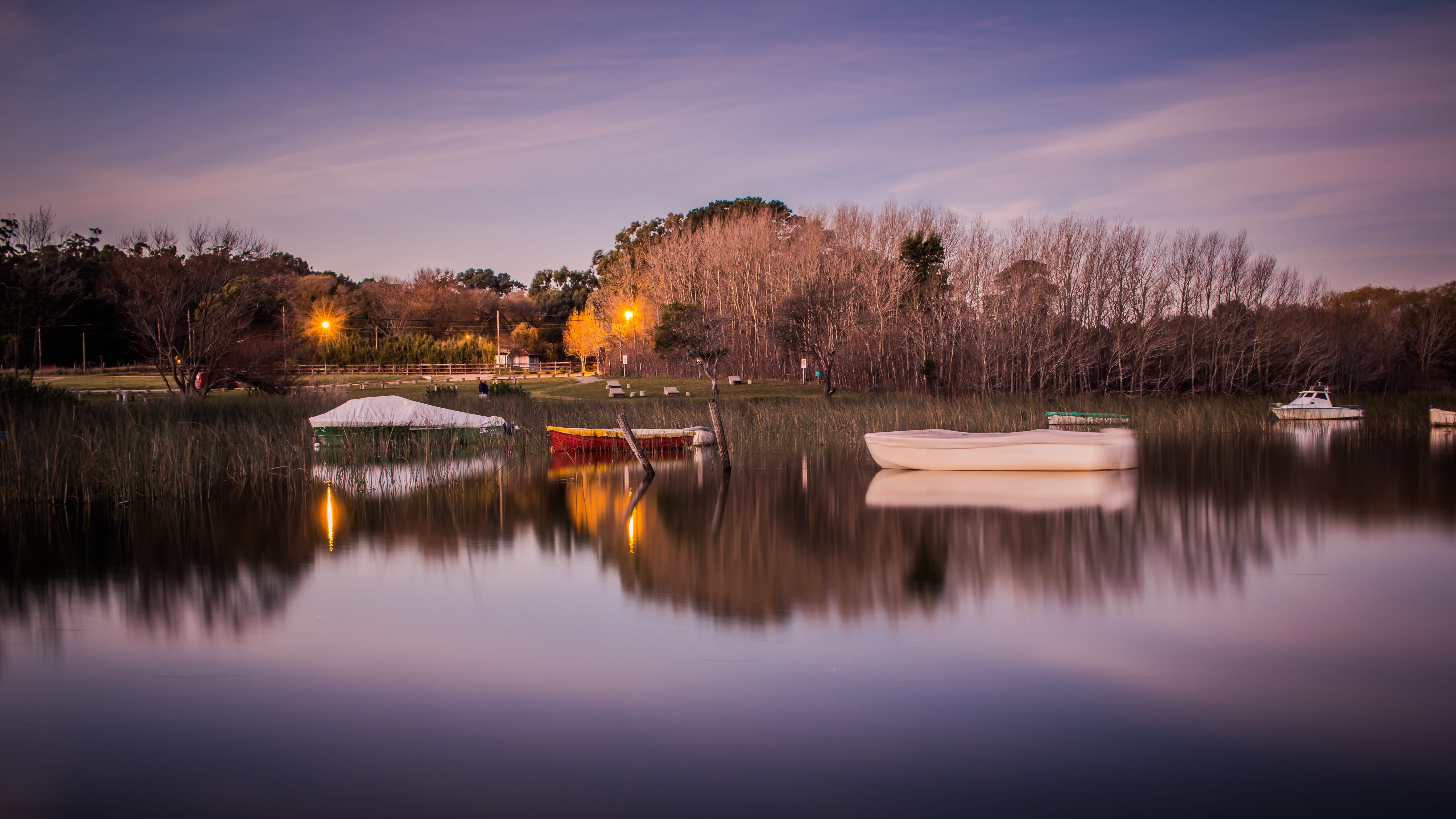 holiday, no people, dusk, mount, nautical vessel, balcarce, 5K, laguna, landscape, cloud - sky, adventure, tranquil scene, scenics - nature, boats, reflection, HD Wallpaper
