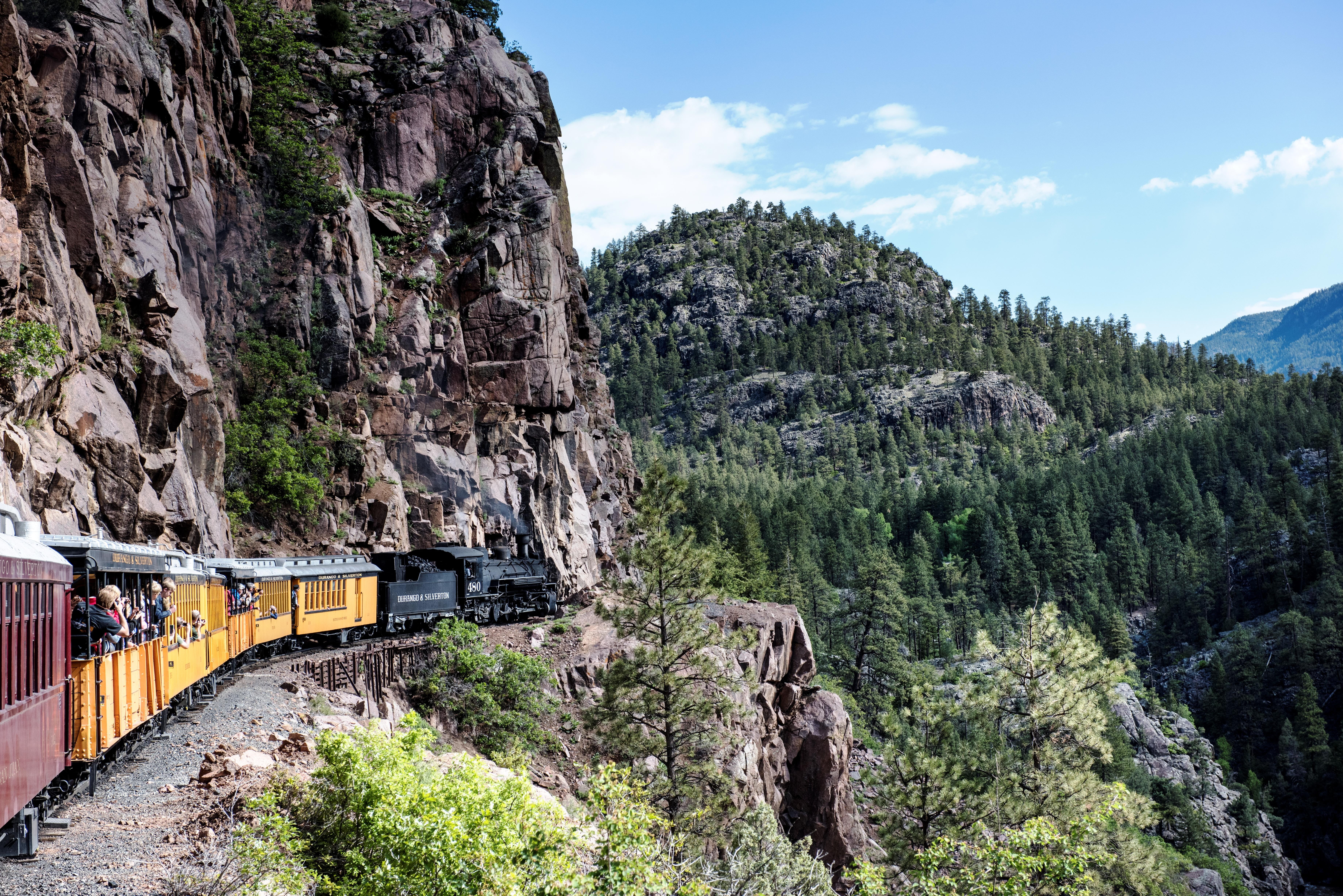 nature, tree, track, rail transportation, mountains, nordameriak, travel, scenics - nature, carol m highsmith, train, animas river valley, skies, hills, HD Wallpaper