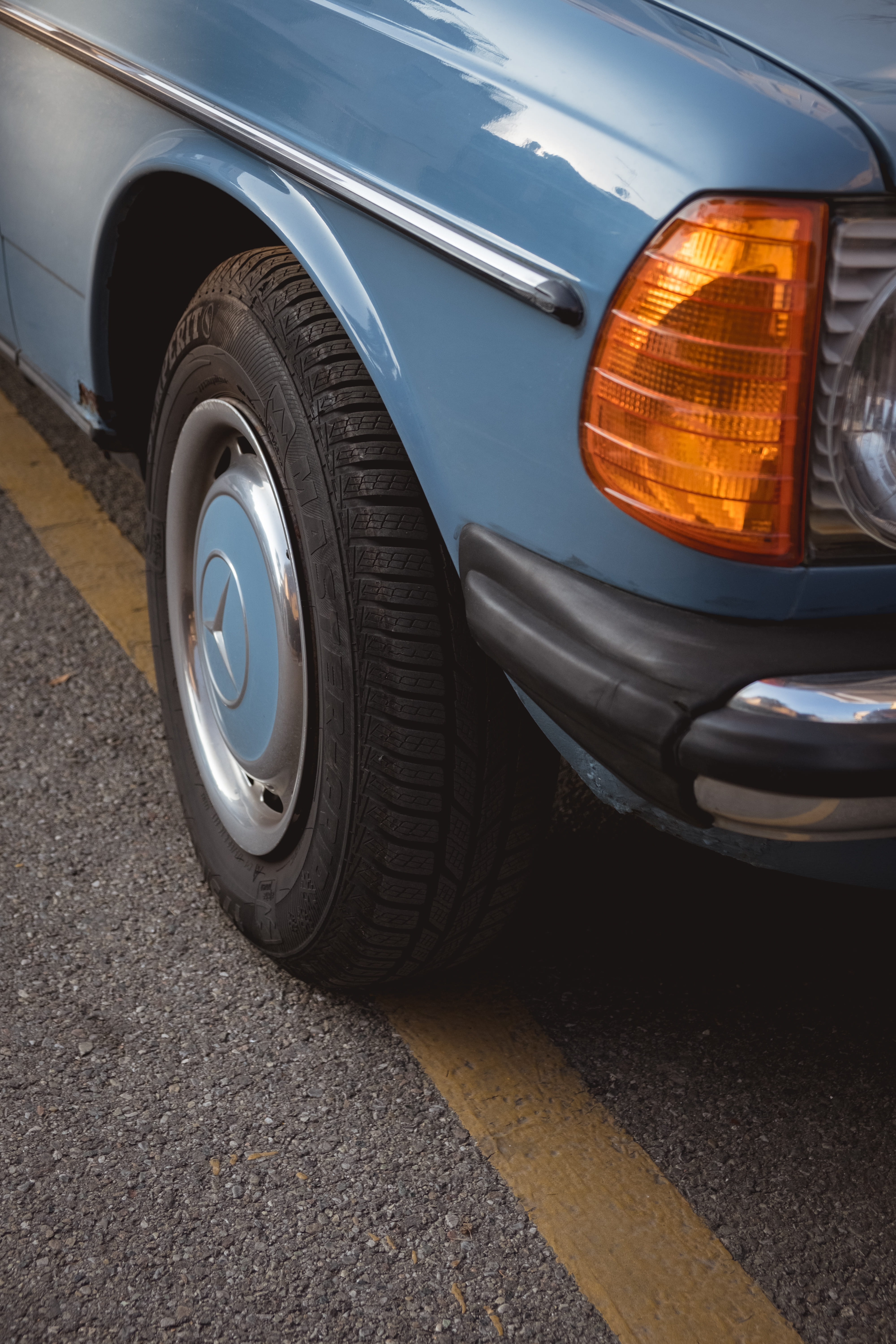 headlight, car, blue, motor vehicle, street, wheels, retro styled, car wheel, stationary, 5K, mode of transportation, vehicle, wheel, fujifilm, city, outdoors, Phone HD Wallpaper