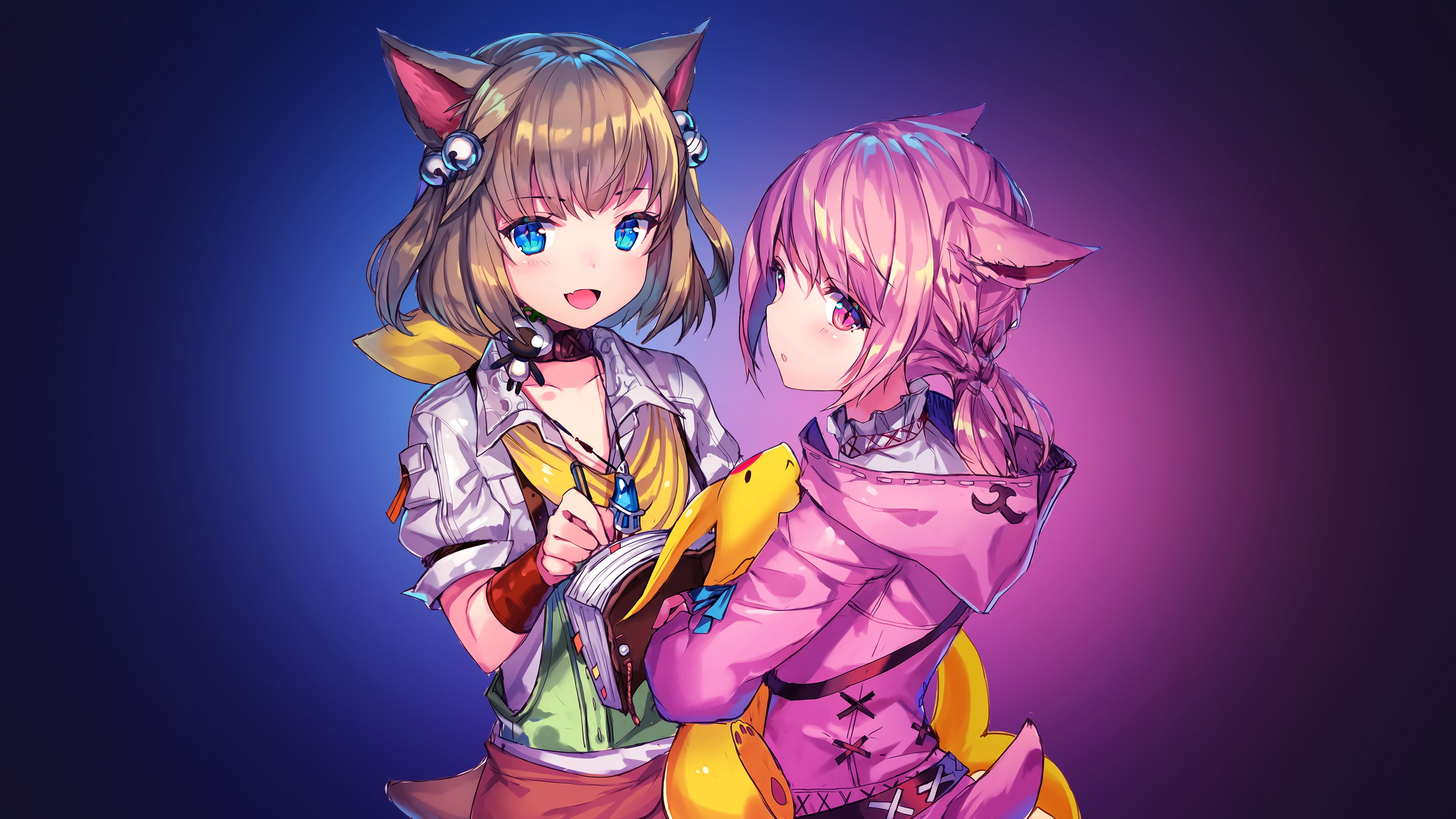 purple, hair, adult, Final Fantasy XIV: A Realm Reborn, females, indoors, short hair, 4K, anime, butterfly - insect, blue, blue eyes, yellow, costume, HD Wallpaper
