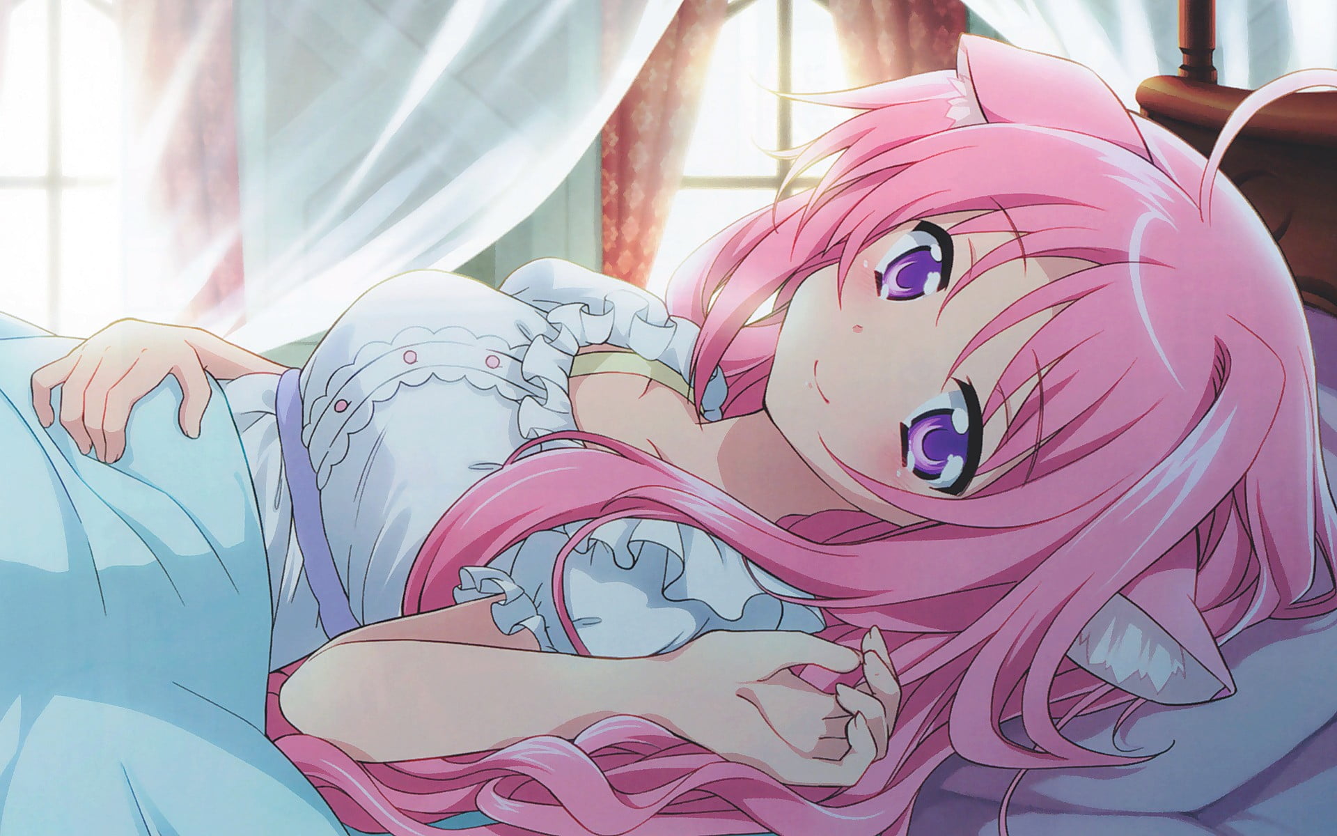 representation, pink color, toy, animal ears, Millhiore F. Biscotti, curtain, indoors, one person, art and craft, purple eyes, anime girls, pink hair, sunlight, HD Wallpaper