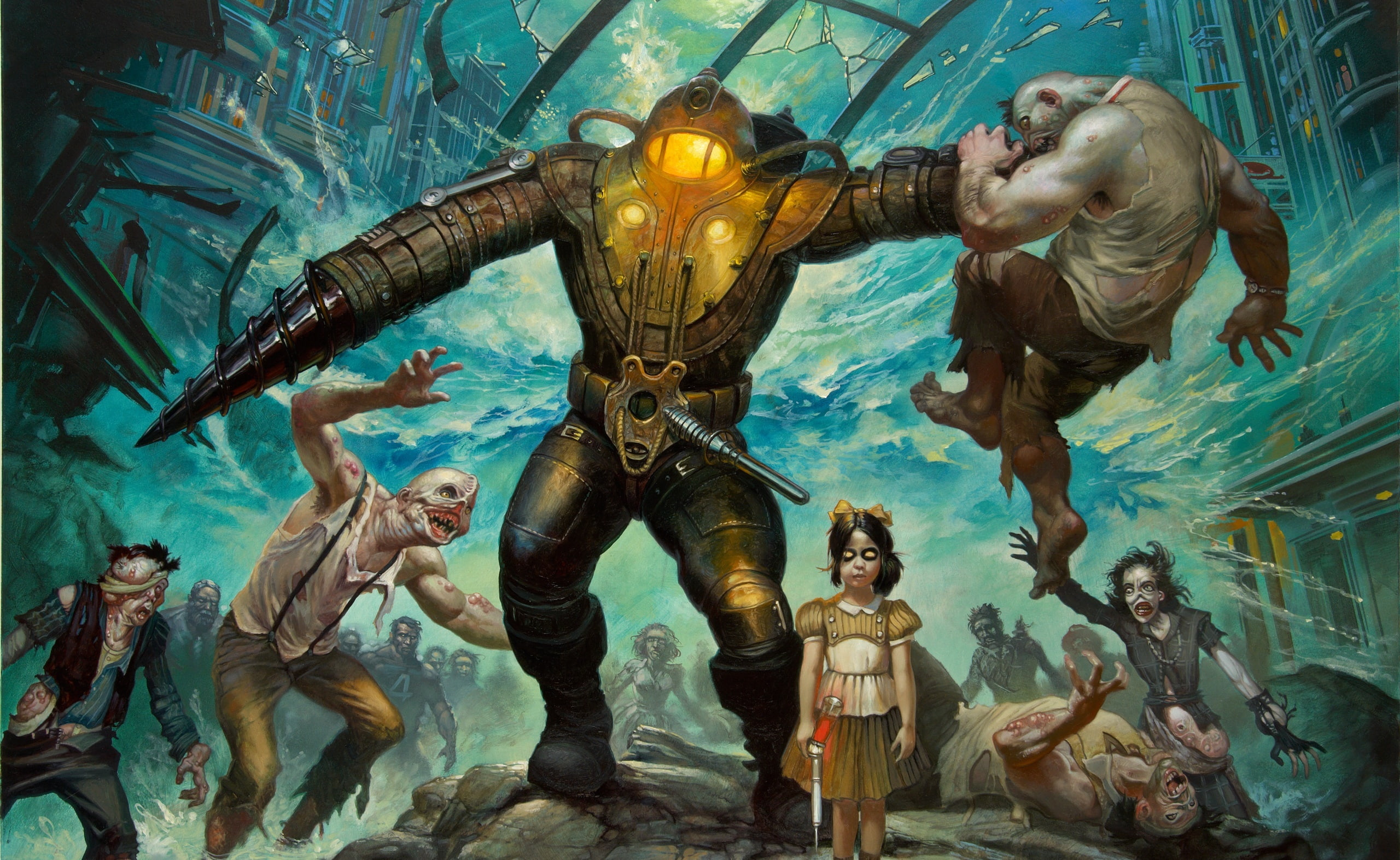 people, male likeness, the past, water, group of people, sculpture, history, human representation, BioShock, bioshock game, 2K, subject, game, men, bioshock 2, HD Wallpaper