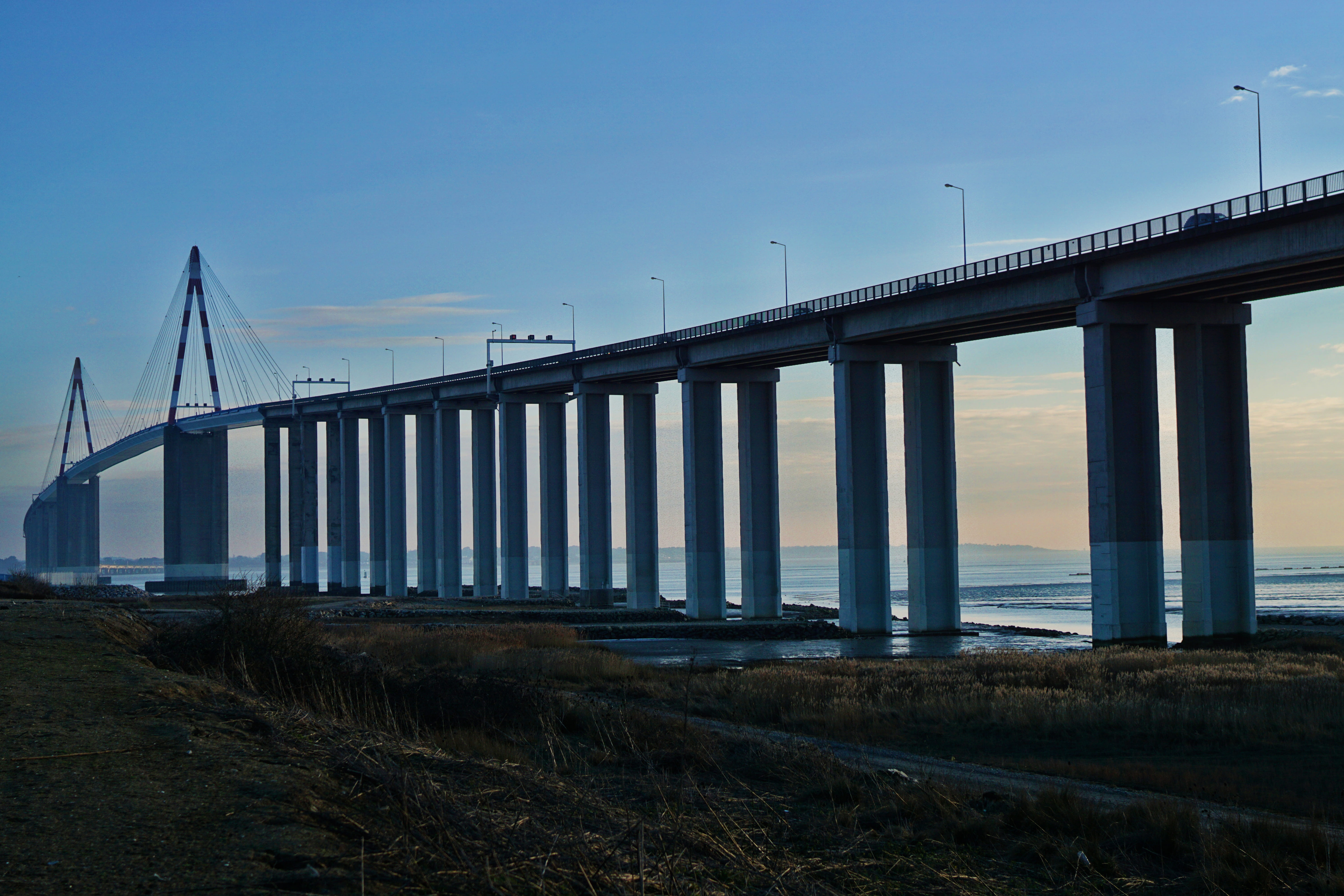 nature, sky, bridge - man made structure, road, connection, concrete, 5K, pilars, clear sky, river, architectural column, landscape, scenics - nature, HD Wallpaper