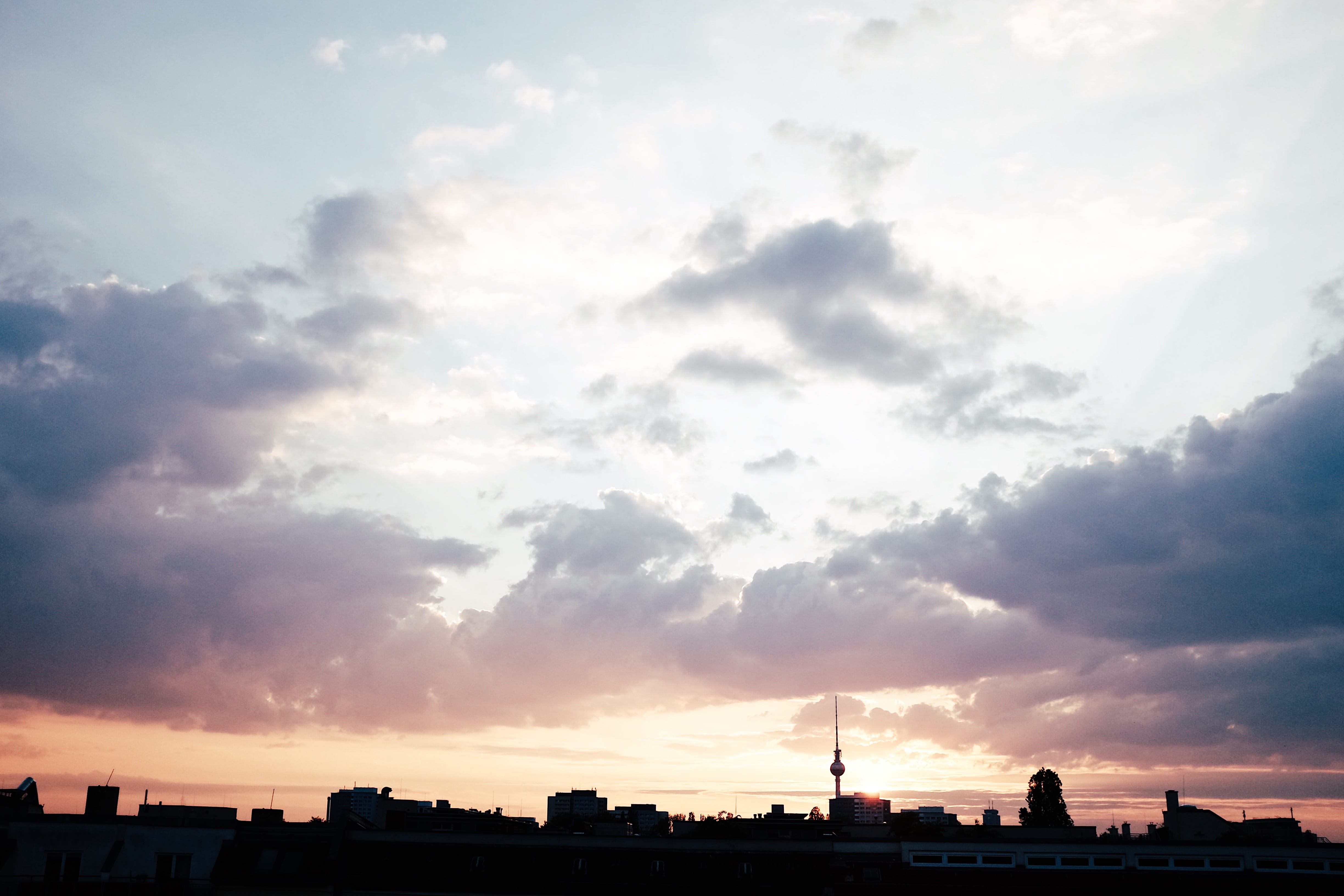 cityscape, weather, friedrichshain, clouds, berlin, building exterior, tourism, sky, travel destinations, city, travel, sunlight, silhouette, tv tower, HD Wallpaper
