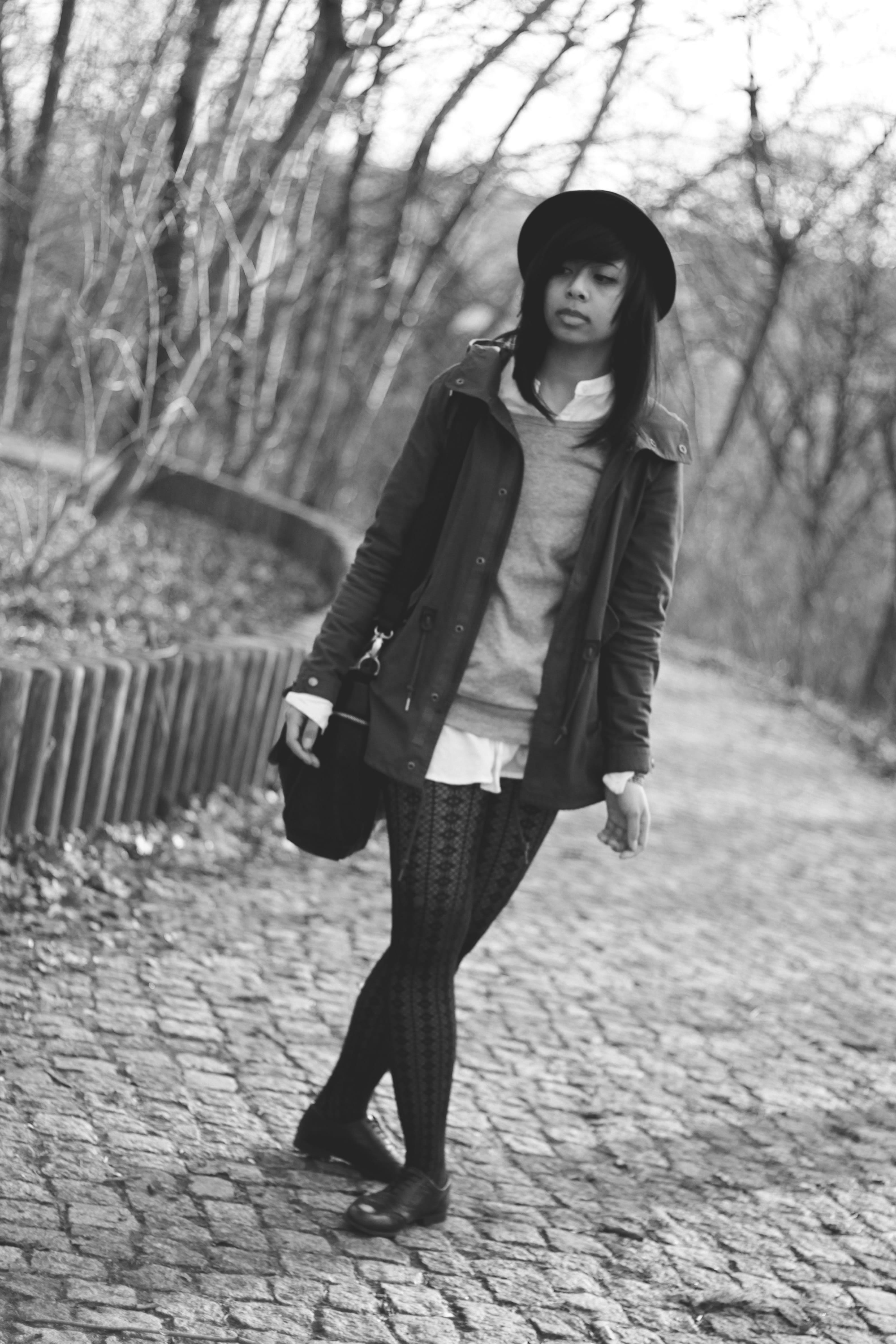 leisure activity, warm clothing, focus on foreground, germany, standing, trees, footpath, real people, hat, casual clothing, adult, scarf, one person, portrait, Phone HD Wallpaper