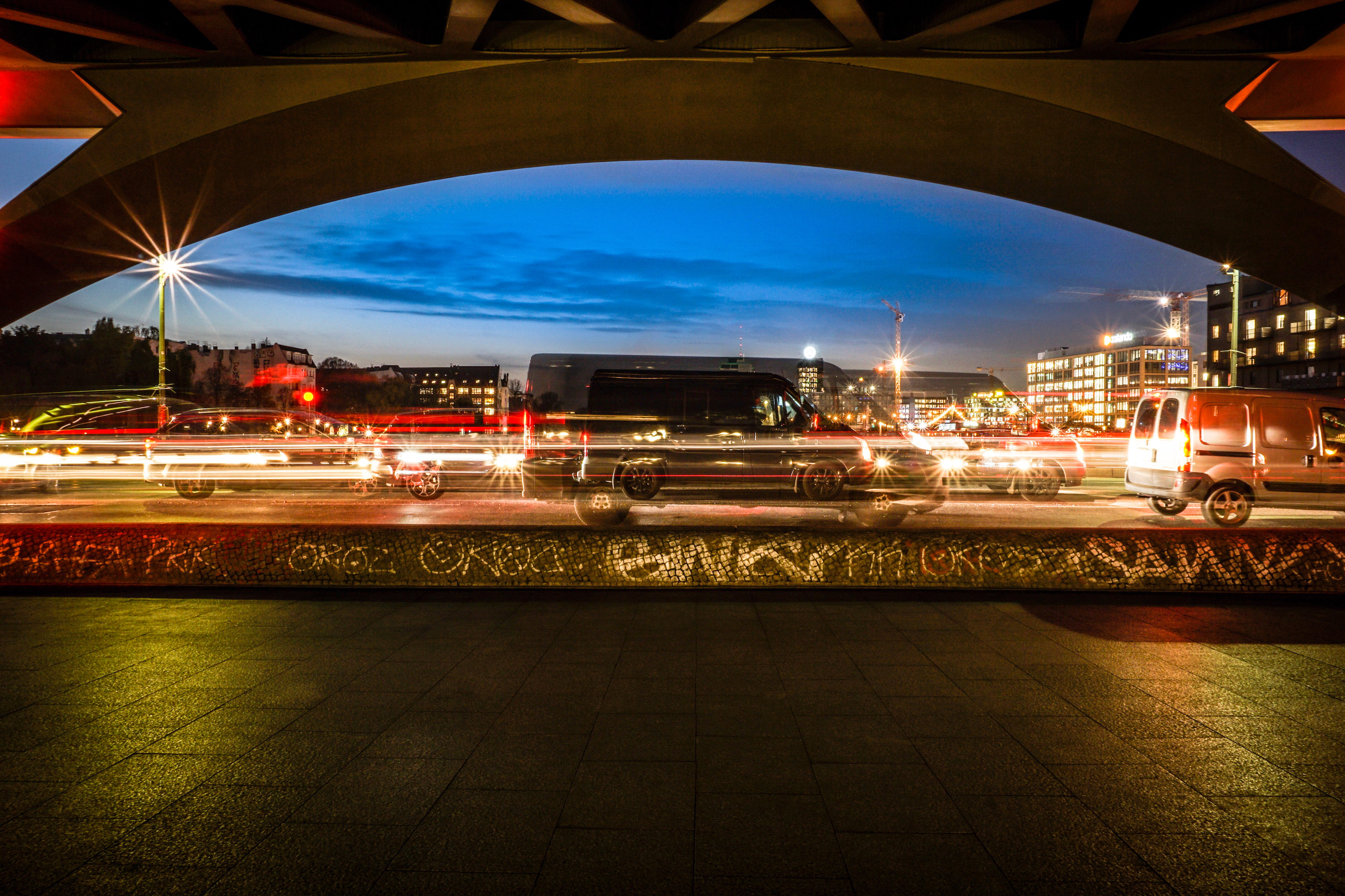lens, long exposure, oberbaumbrücke (berlin), transportation, traffic, mode of transportation, outdoors, train, berlin kreuzberg, graffiti, nightshot, zalando, HD Wallpaper