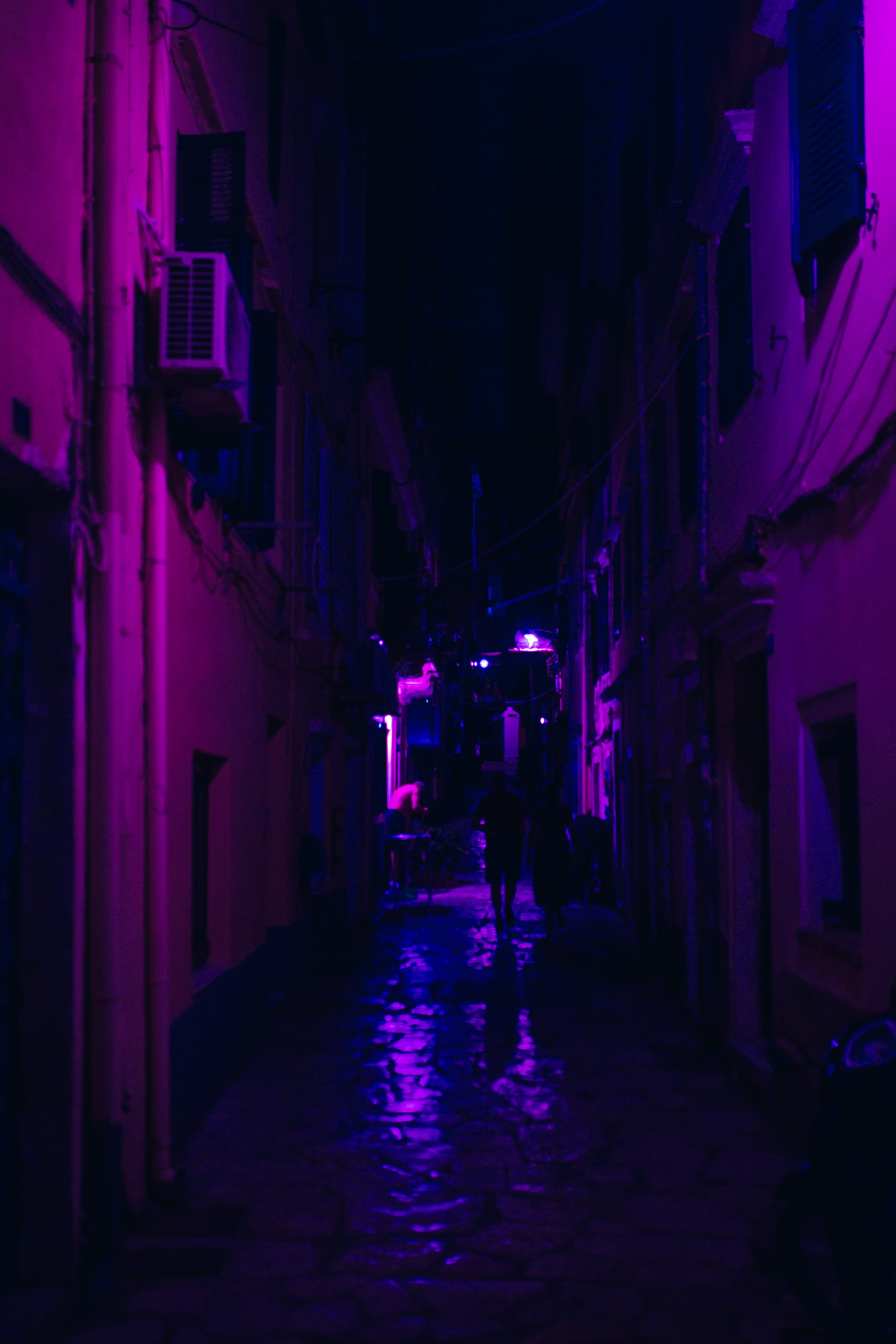 direction, unrecognizable person, night, urban, building exterior, residential district, town, road, 5K, corridor, blue, the way forward, built structure, Phone HD Wallpaper