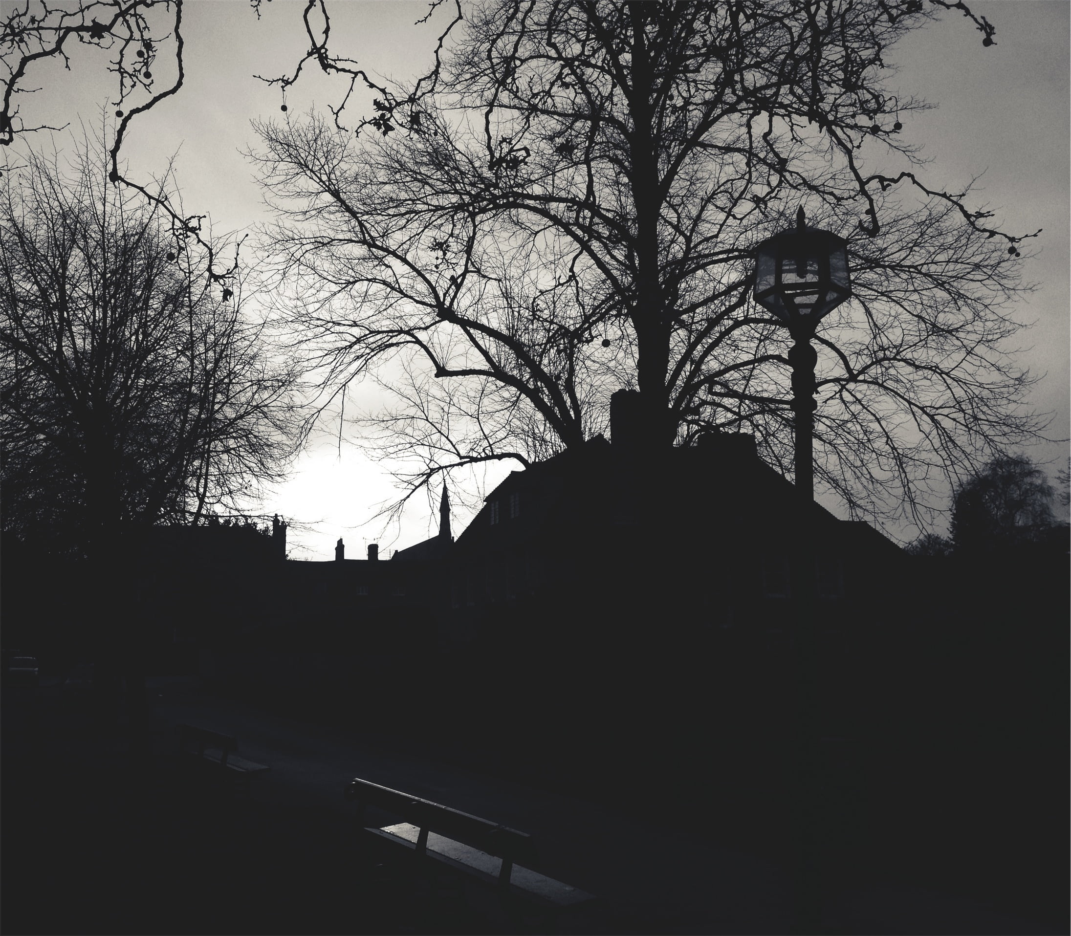 city, dark, spirituality, village, no people, sky, black and white, photography, dusk, nature, path, built structure, lamp post, grave, cemetery, tree, HD Wallpaper