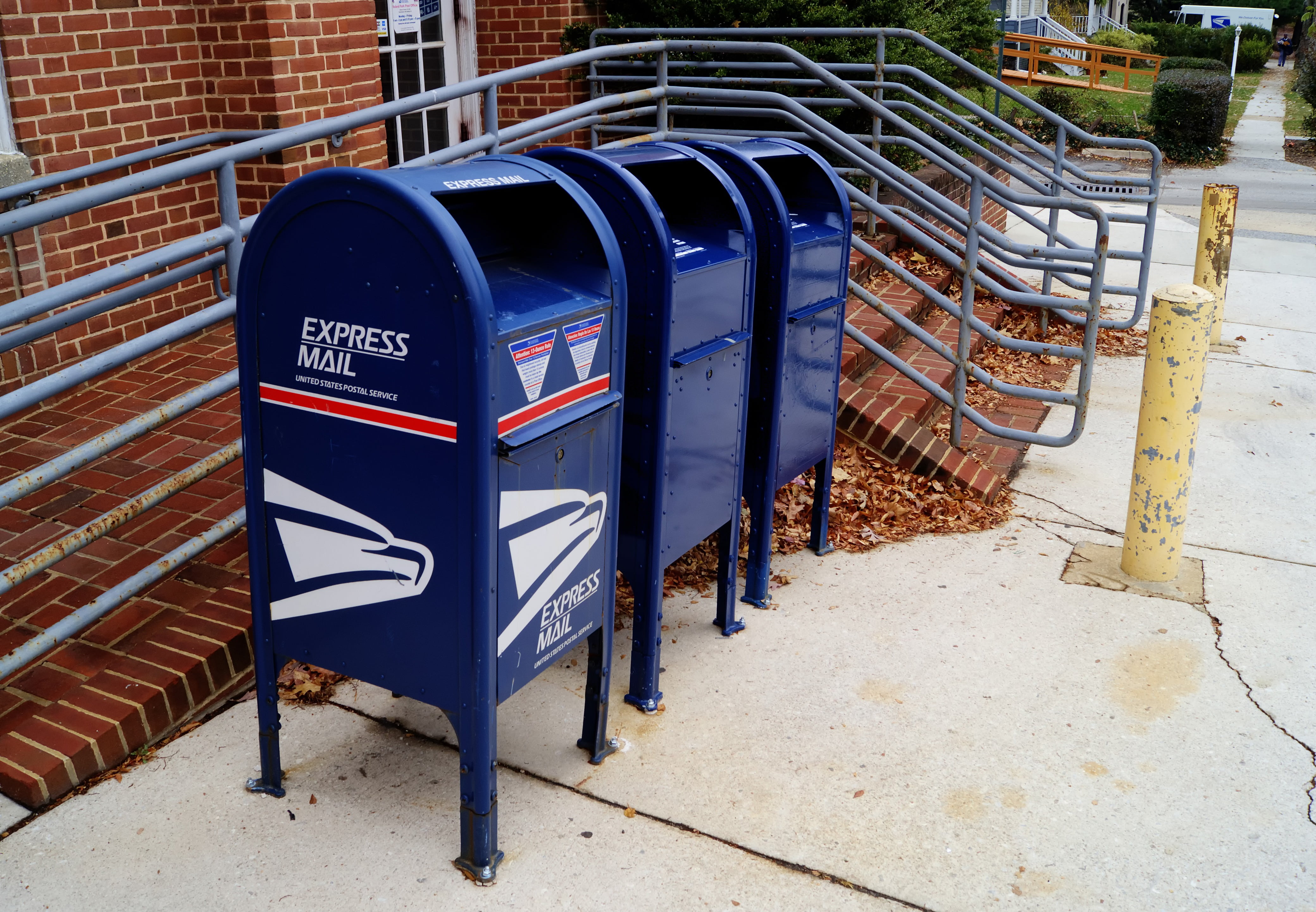garbage, metal, mailbox, blue, communication, outdoors, box, railing, street, sign, in a row, near, post box, sidewalk, three, building exterior, letterbox, HD Wallpaper