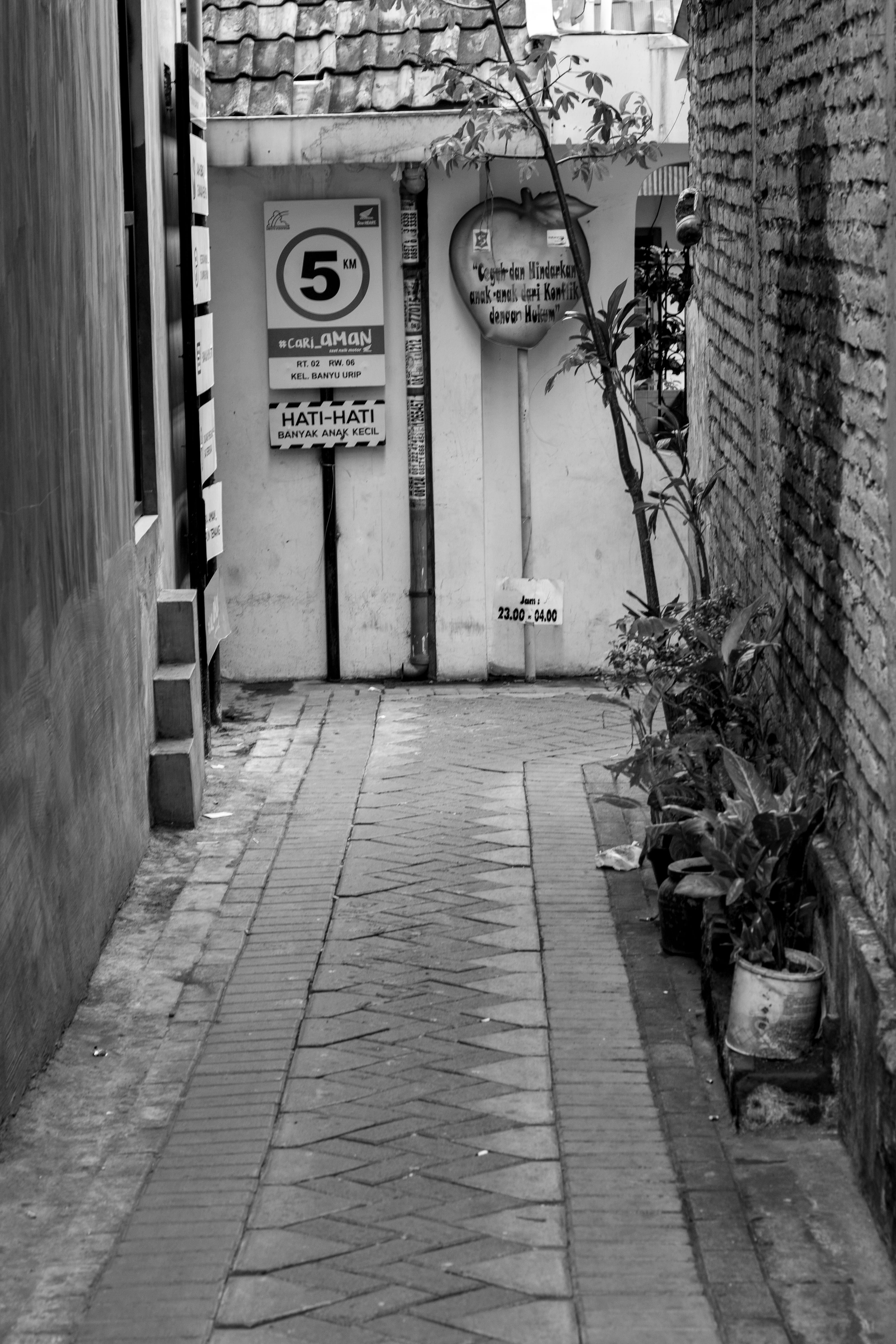 sign, communication, entrance, no people, white, alley, architecture, indonesia, footpath, building exterior, western script, text, street photo, street, Phone HD Wallpaper