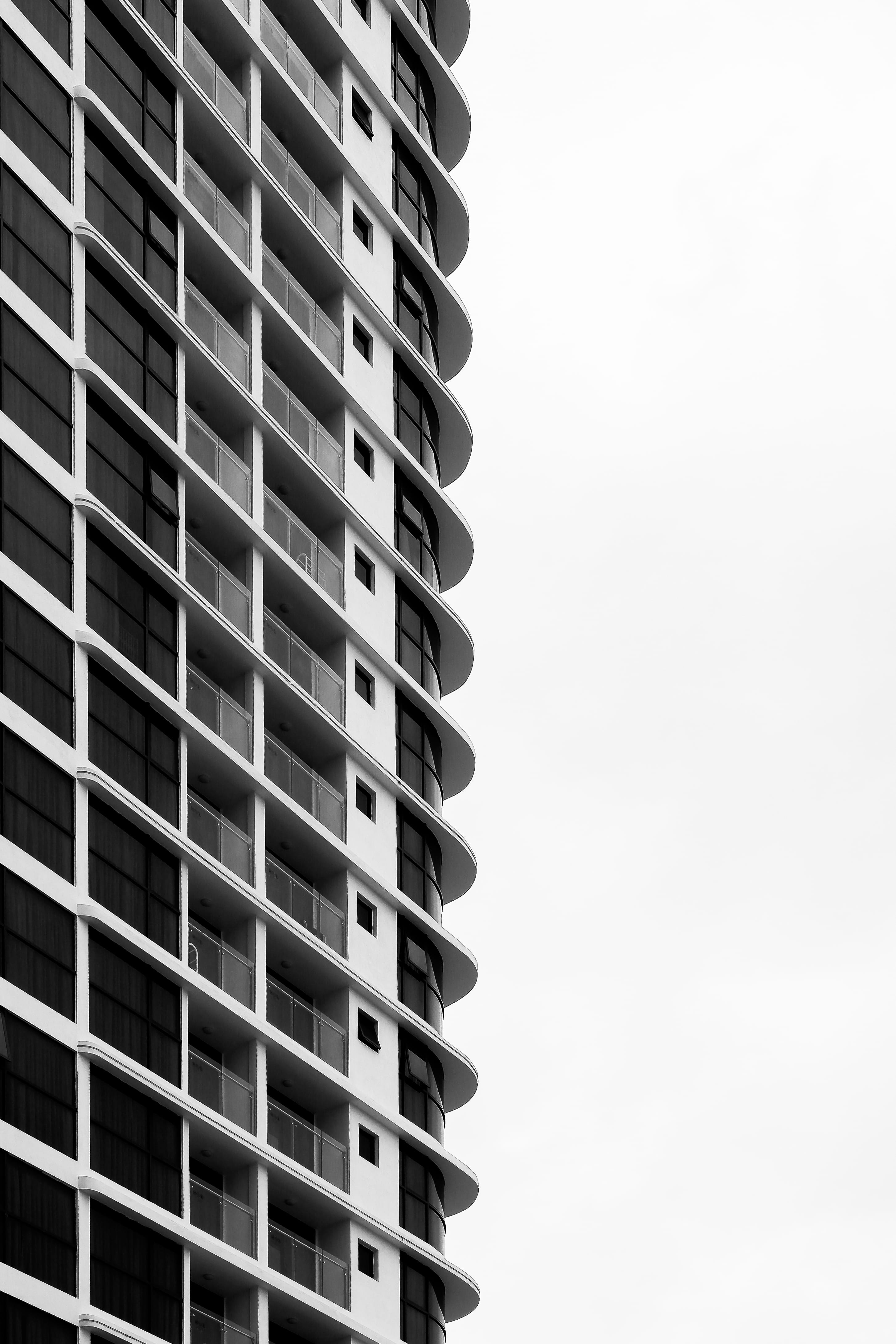 office building, building, hotel, window, rise, close-up, apartment building, design, banister, railing, clear sky, metal, home decor, urban, coupe, roof, Phone HD Wallpaper