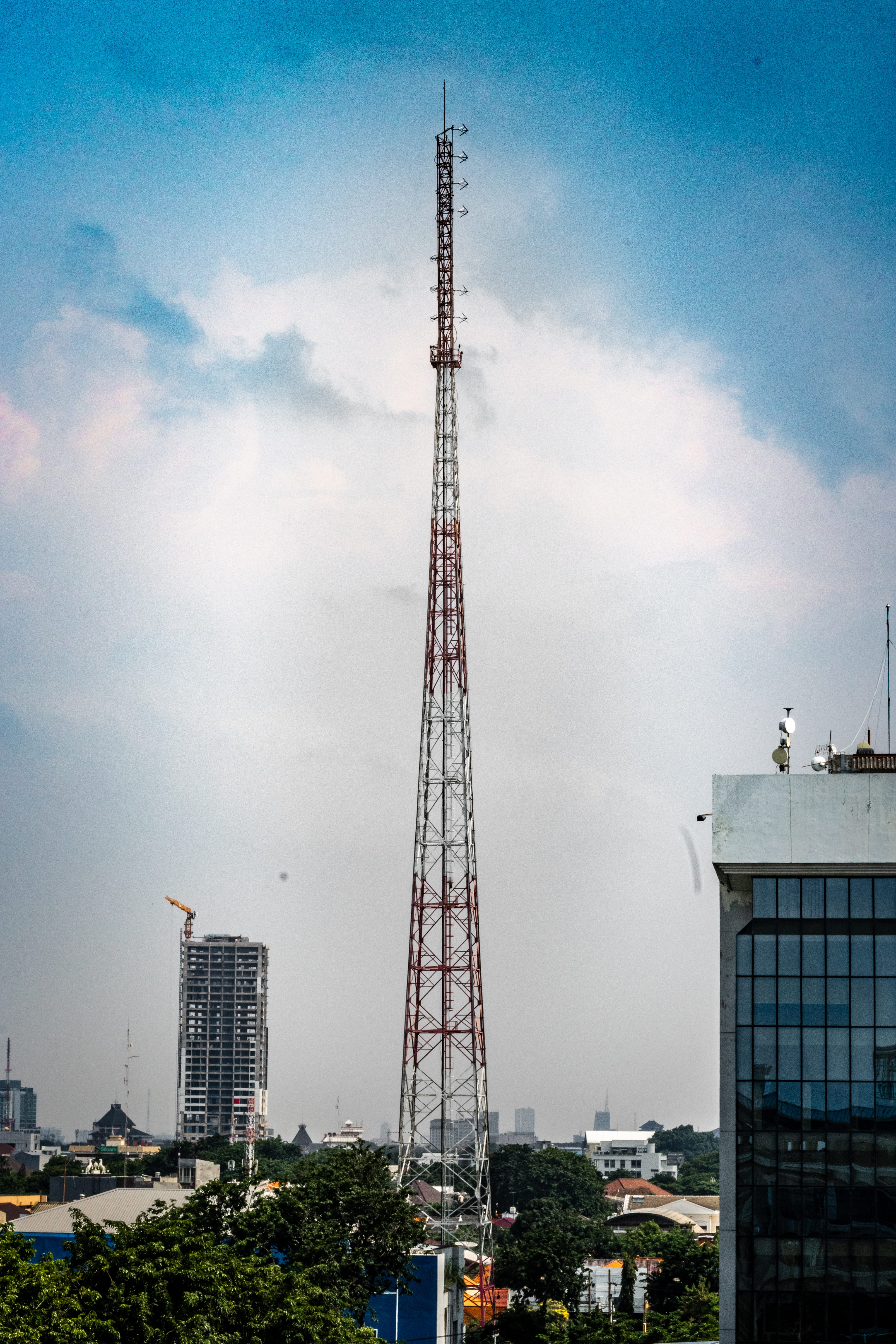 radio tower, outdoors, building, network, networking, electrical device, technology, architecture, city, building exterior, cloud - sky, indonesia, office building exterior, Phone HD Wallpaper