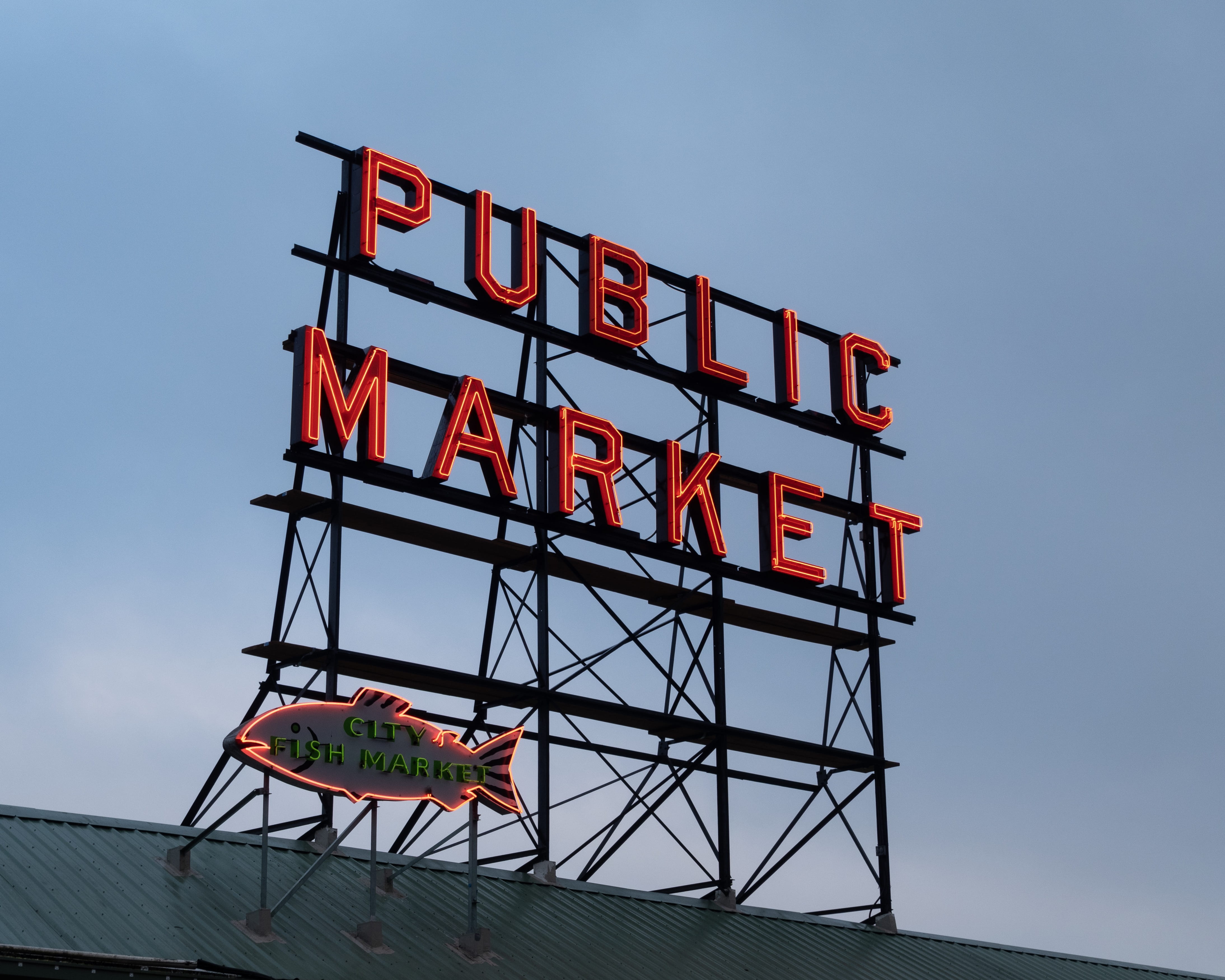 communication, public, blue, neon, text, signage, green, day, copy space, western script, sky, sunrise, clear sky, fish, red, market, advertisement, symbol, HD Wallpaper
