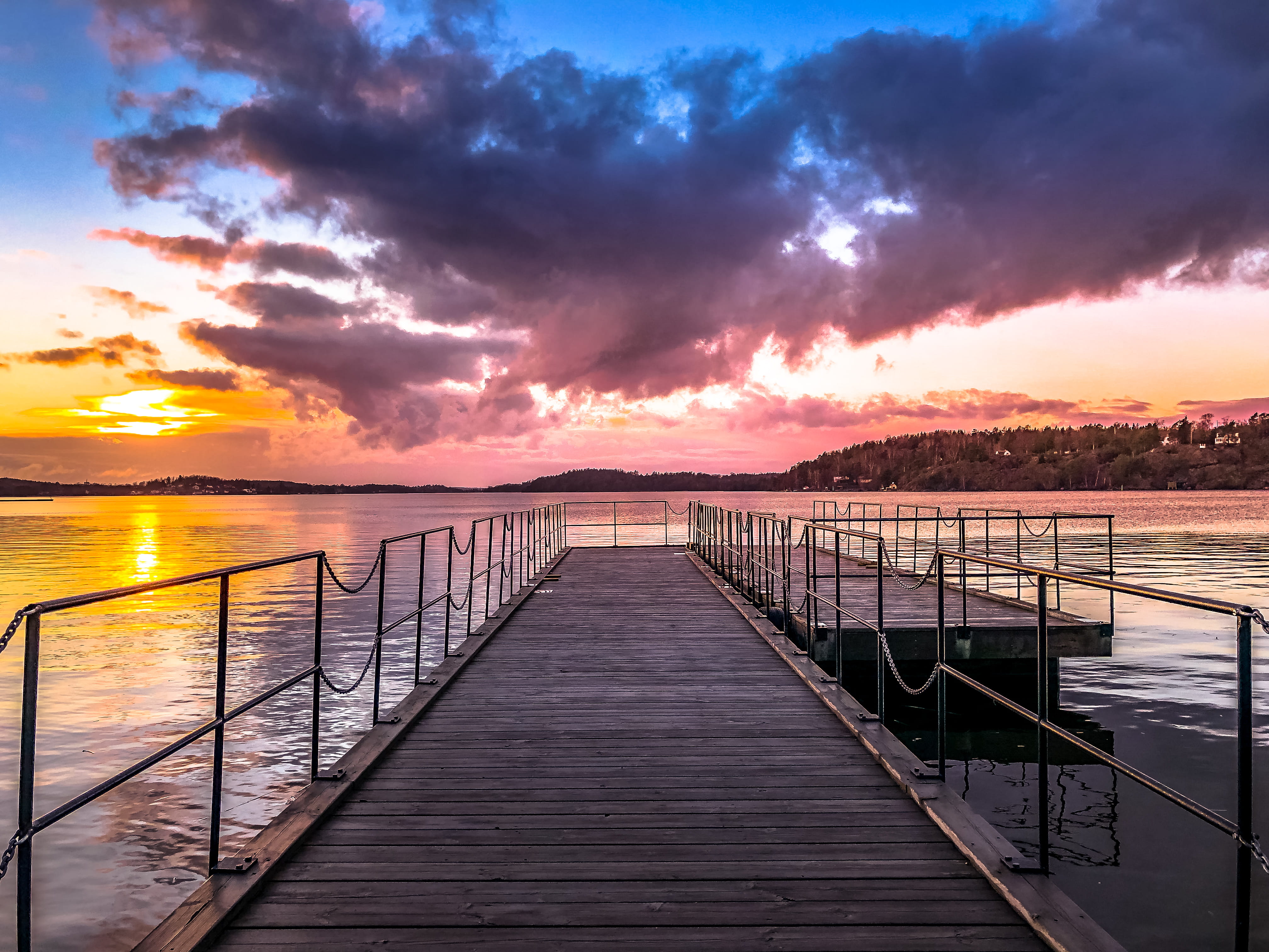 architecture, outdoors, port, pier, town, wooden, jetty, sunset, metropolis, handrail, dawn, nature, sea, the way forward, trees, 4K, sky, cloud - sky, HD Wallpaper