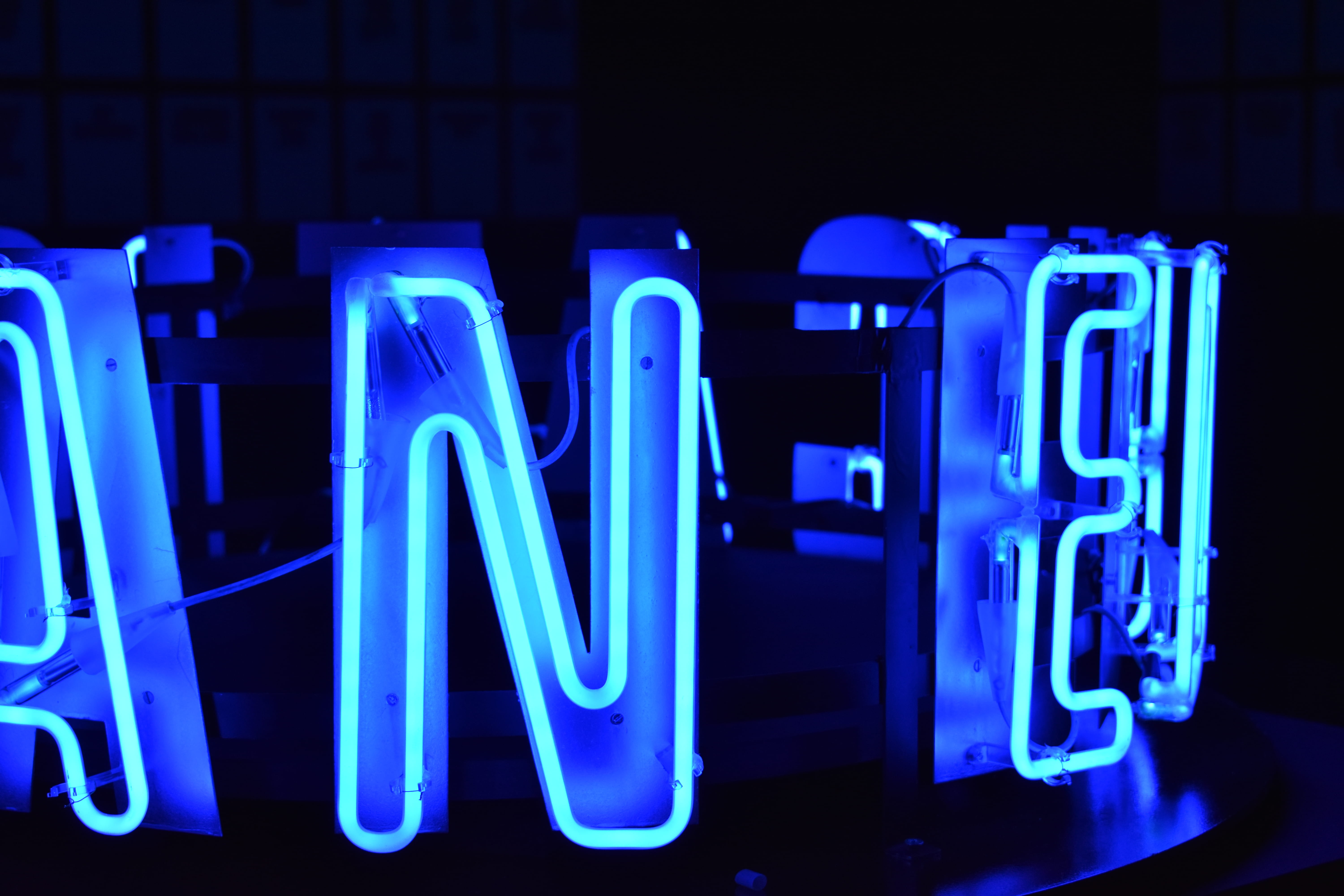 electricity, text, neon, night, lighting equipment, glowing, connection, black background, business, no people, illuminated, computer, blue, turned, led, HD Wallpaper