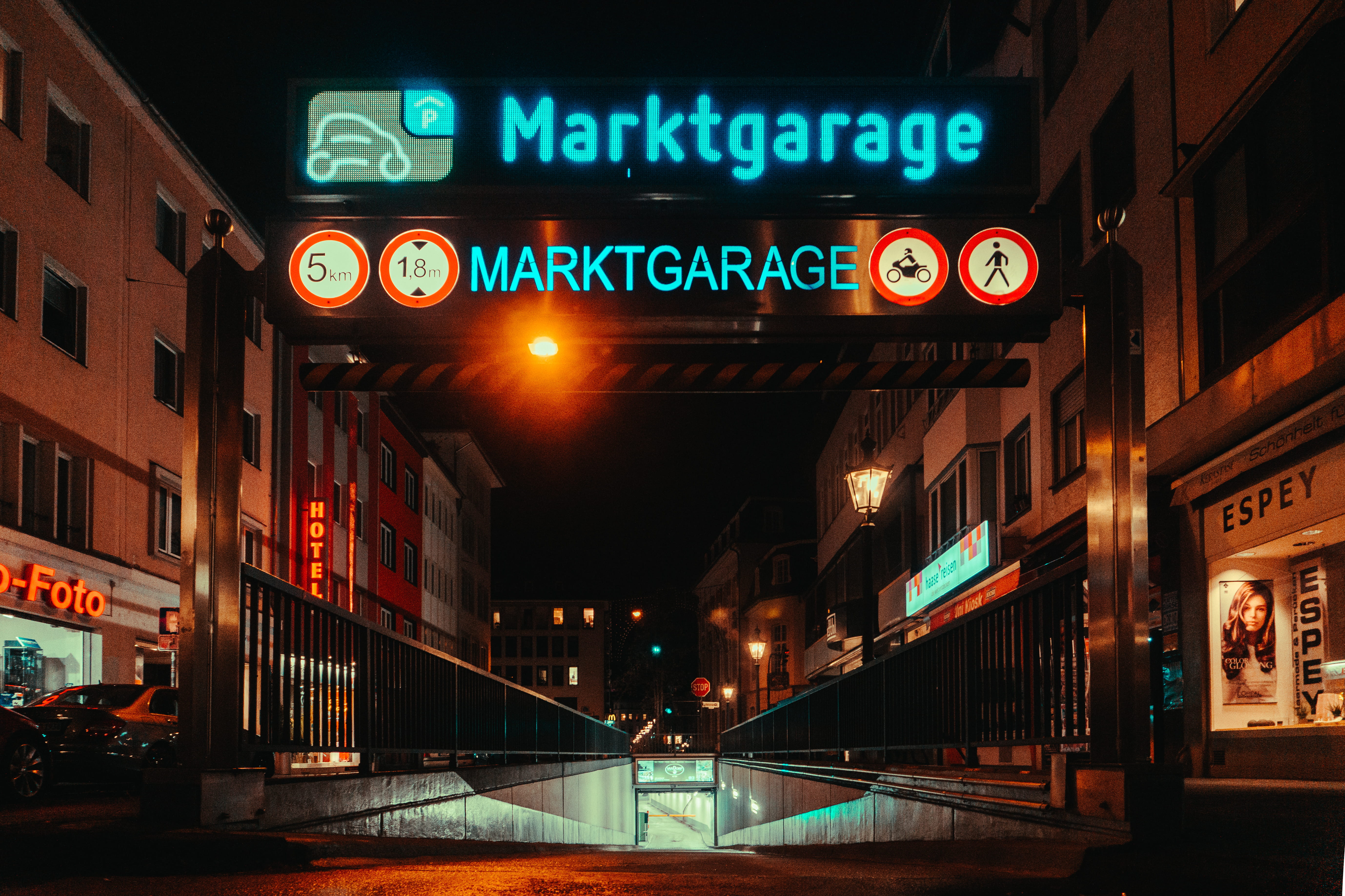sign, lighting equipment, bonn, lights, street, city life, western script, 5K, german, illuminated, germany, information, blue, parking lot, neon, mood, HD Wallpaper