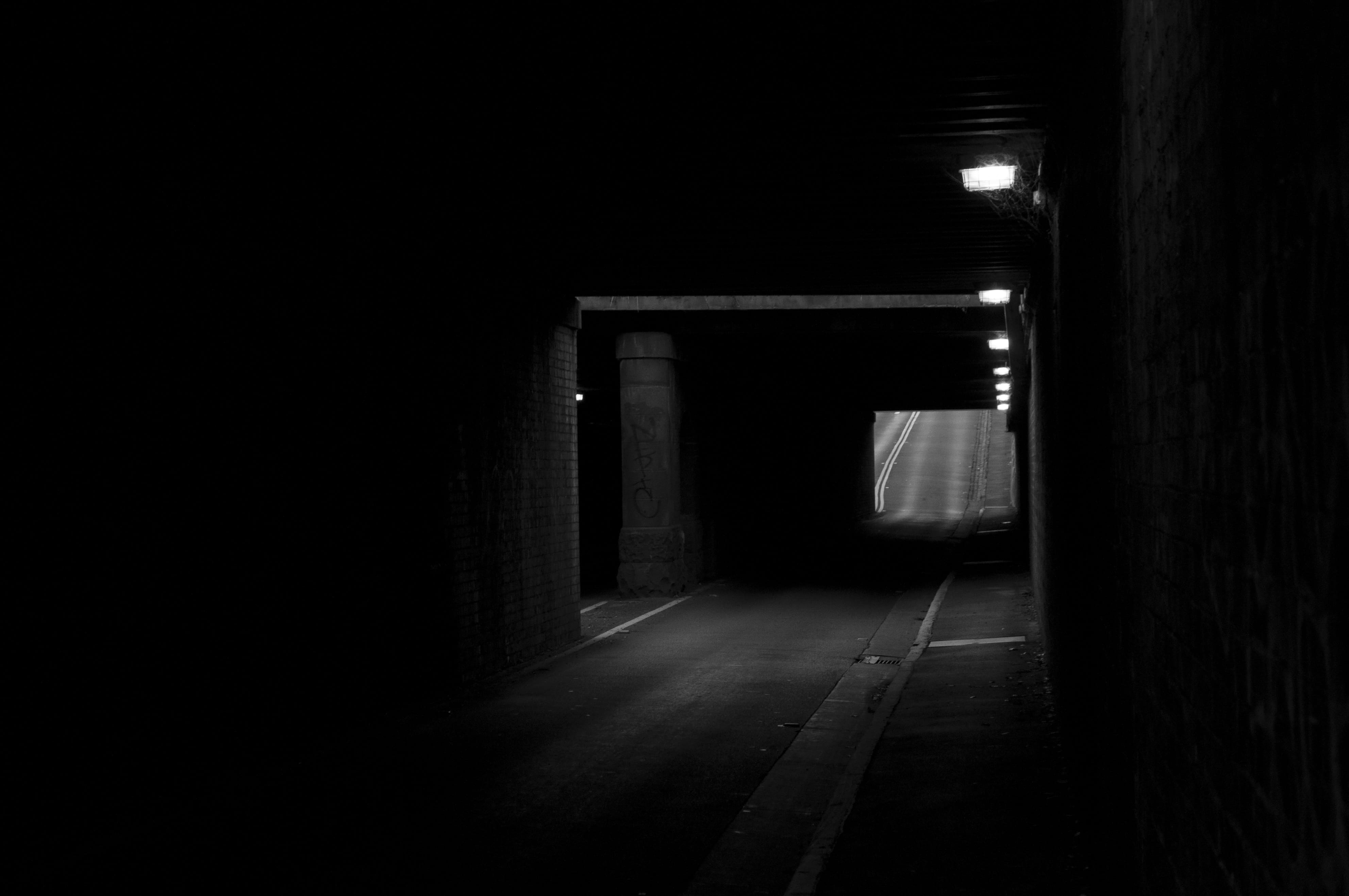black and white, illuminated, mystery, shadow, 4K, long, direction, corridor, concrete, street, the way forward, light at the end of the tunnel, dark, HD Wallpaper