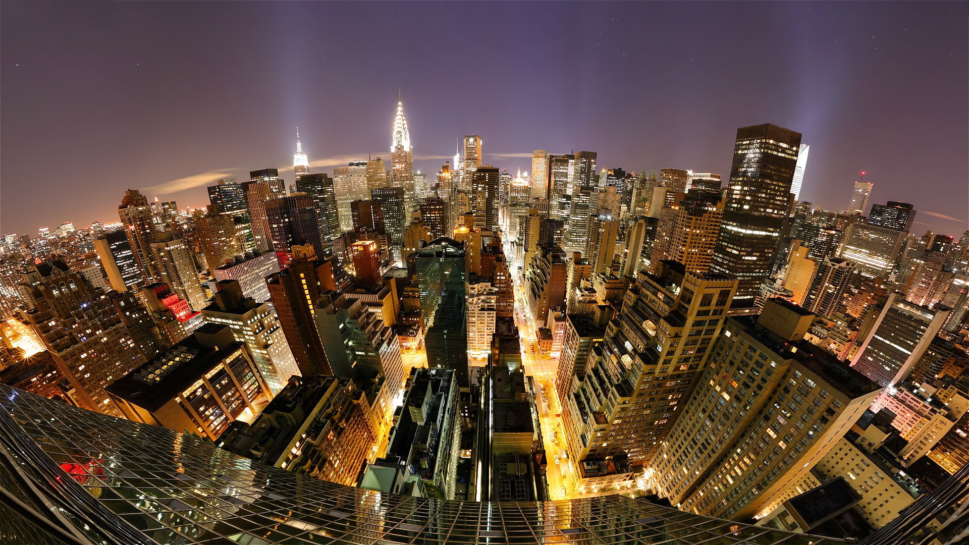 city, New York City, 1080P, night, cityscape, birds eye view, long exposure, USA, Empire State Building, street, fisheye lens, skyscraper, Manhattan, lights, HD Wallpaper