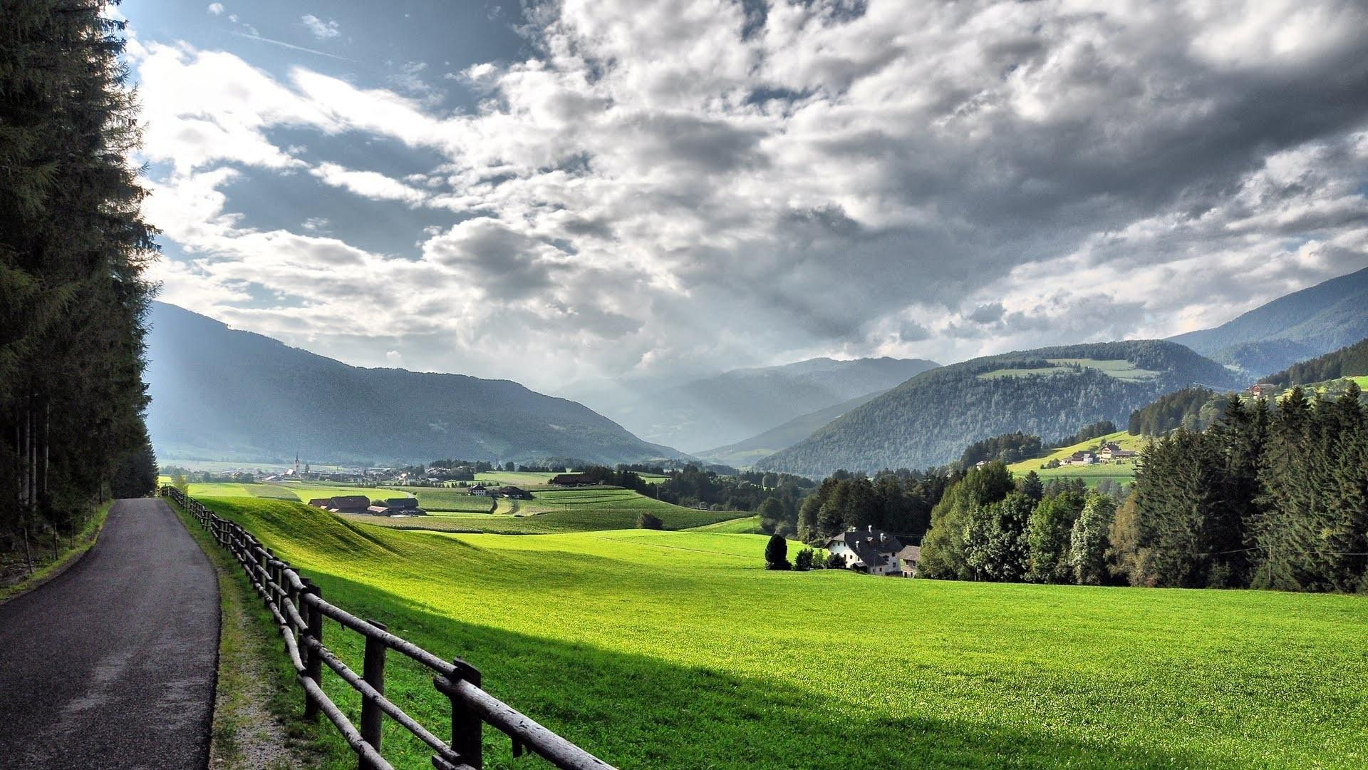 1080P, summer, villages, road, valley, thru, country, beautiful, alpine, nature and landscapes, clouds, mountains, HD Wallpaper