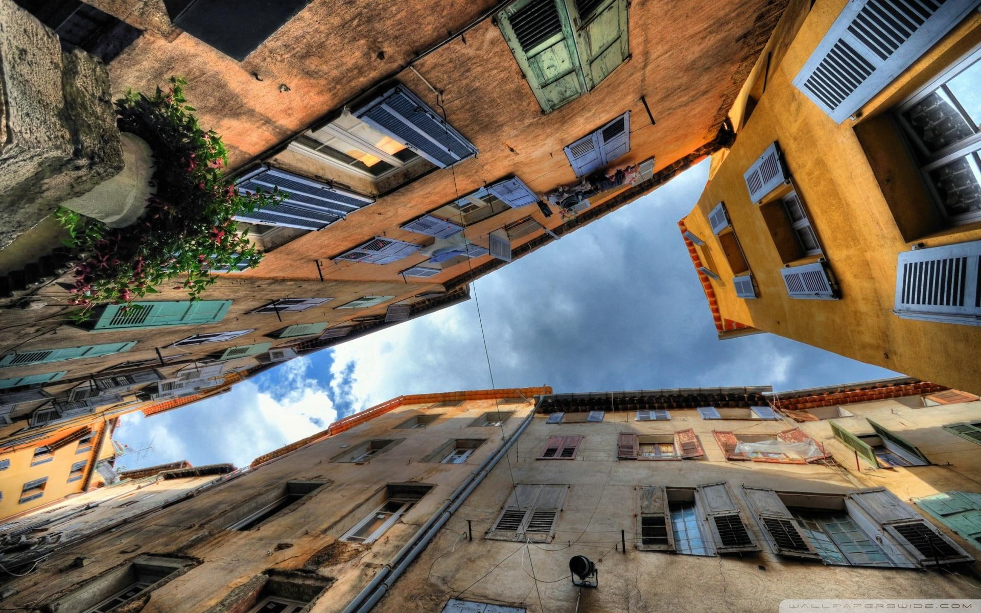 alley, fish eye, looking, thru, buildings, facads, hdr, 1080P, animals, HD Wallpaper